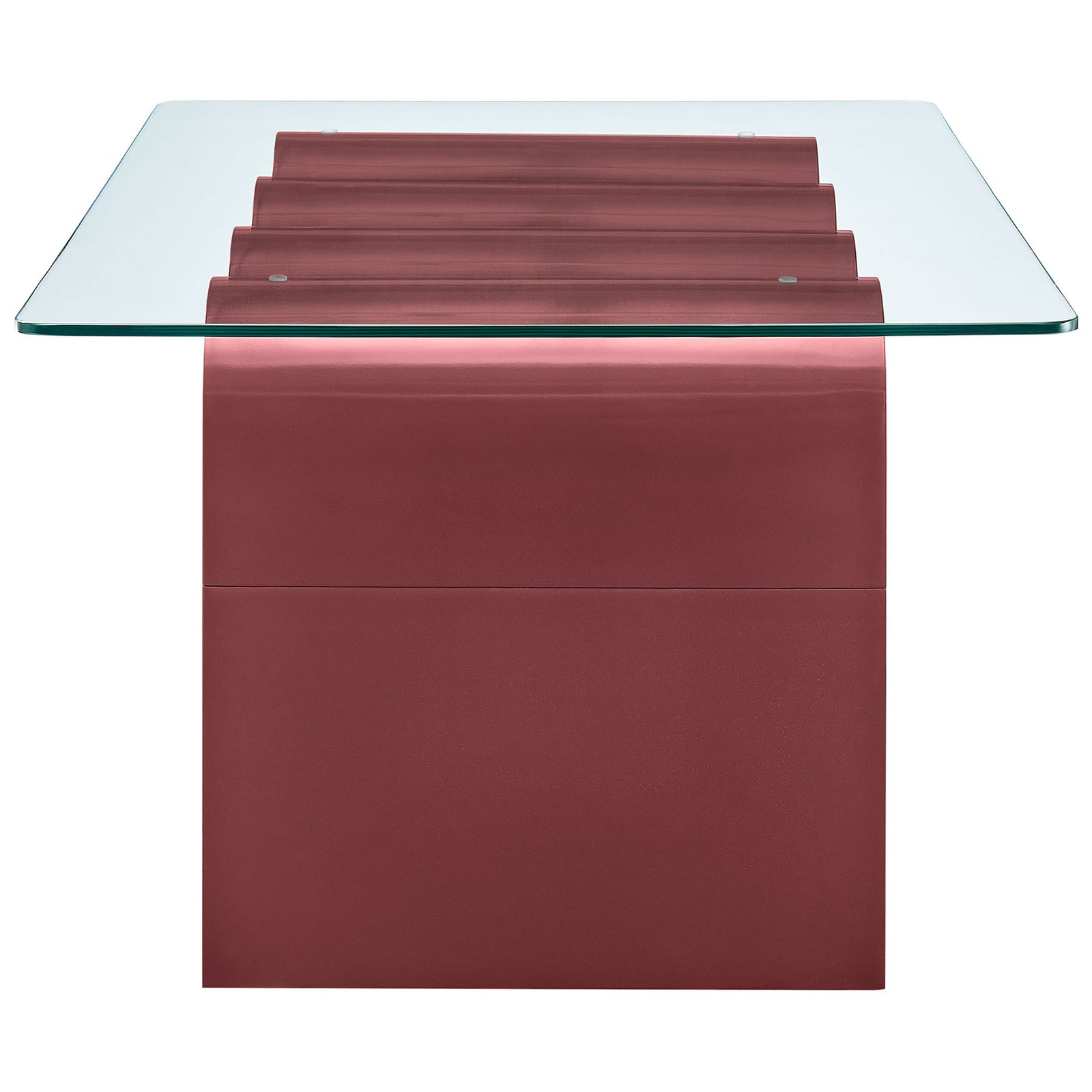 Undulating base arches beneath the clear glass tabletop create a striking rhythmic look || EEI-6900-SPA || side_studio