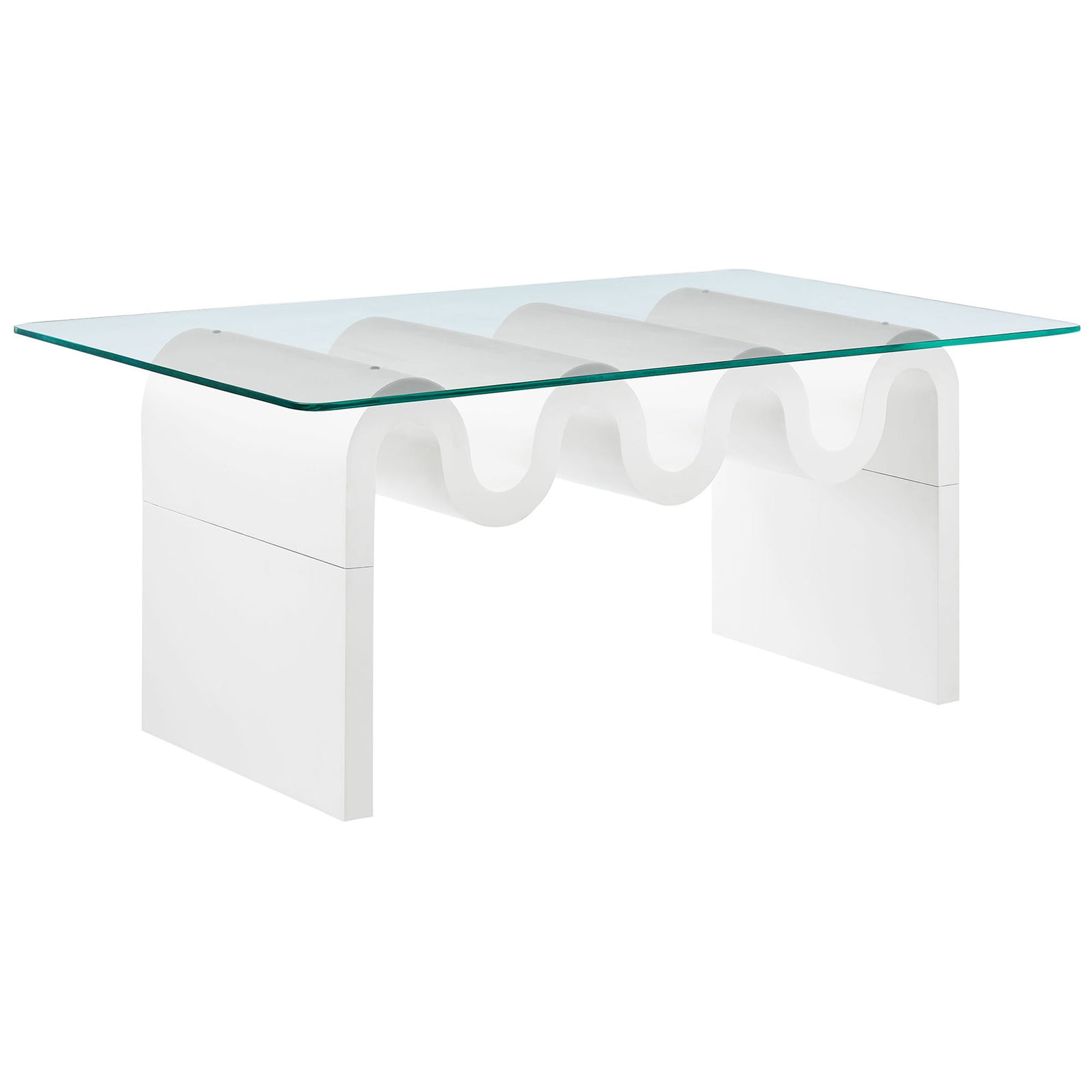 Curvy white base creates playful movement beneath a spacious clear tempered glass coffee table top. || EEI-6900-WHI || front_angle_studio