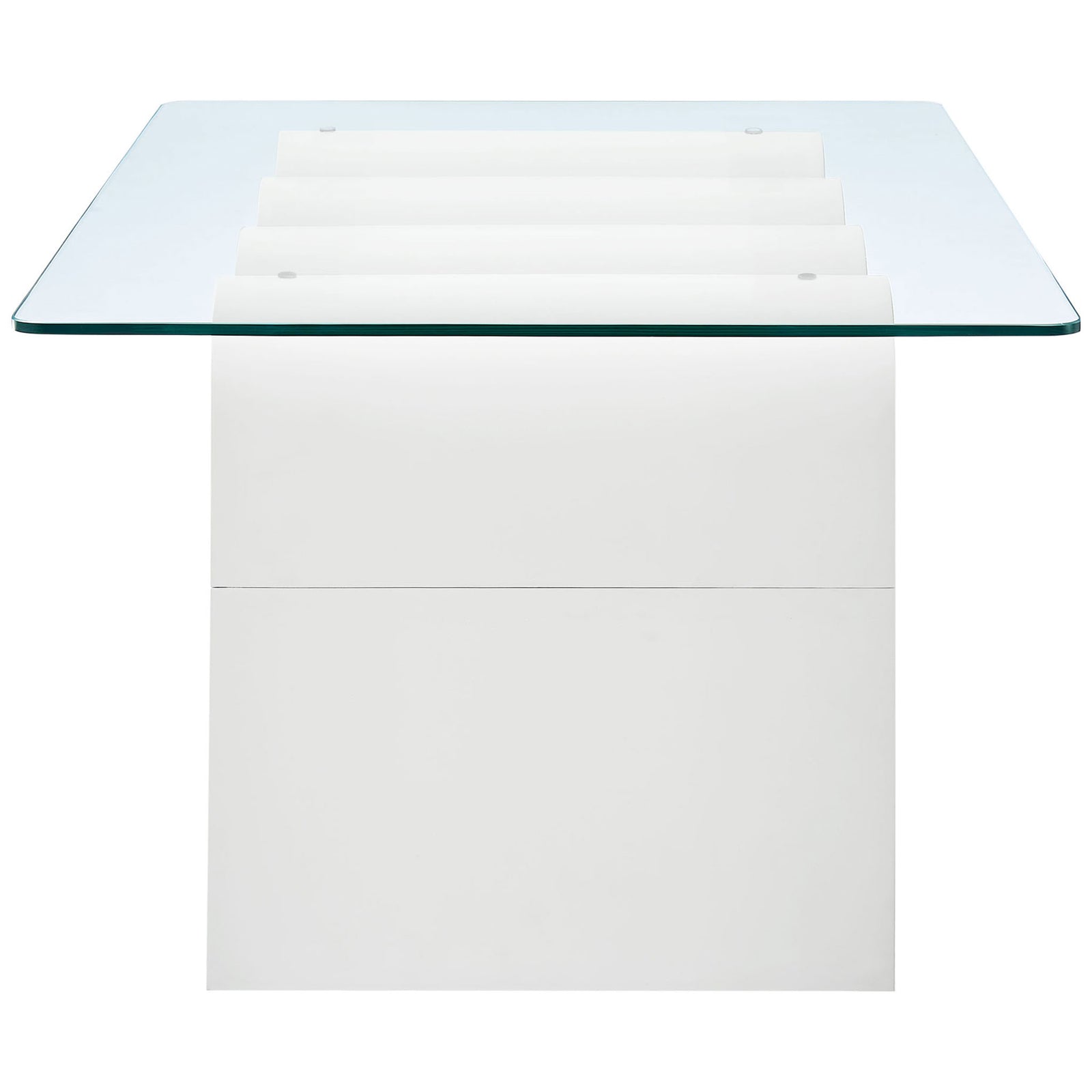 Streamlined end panels and undulating center support showcase the table's artful silhouette under clear glass. || EEI-6900-WHI || side_studio