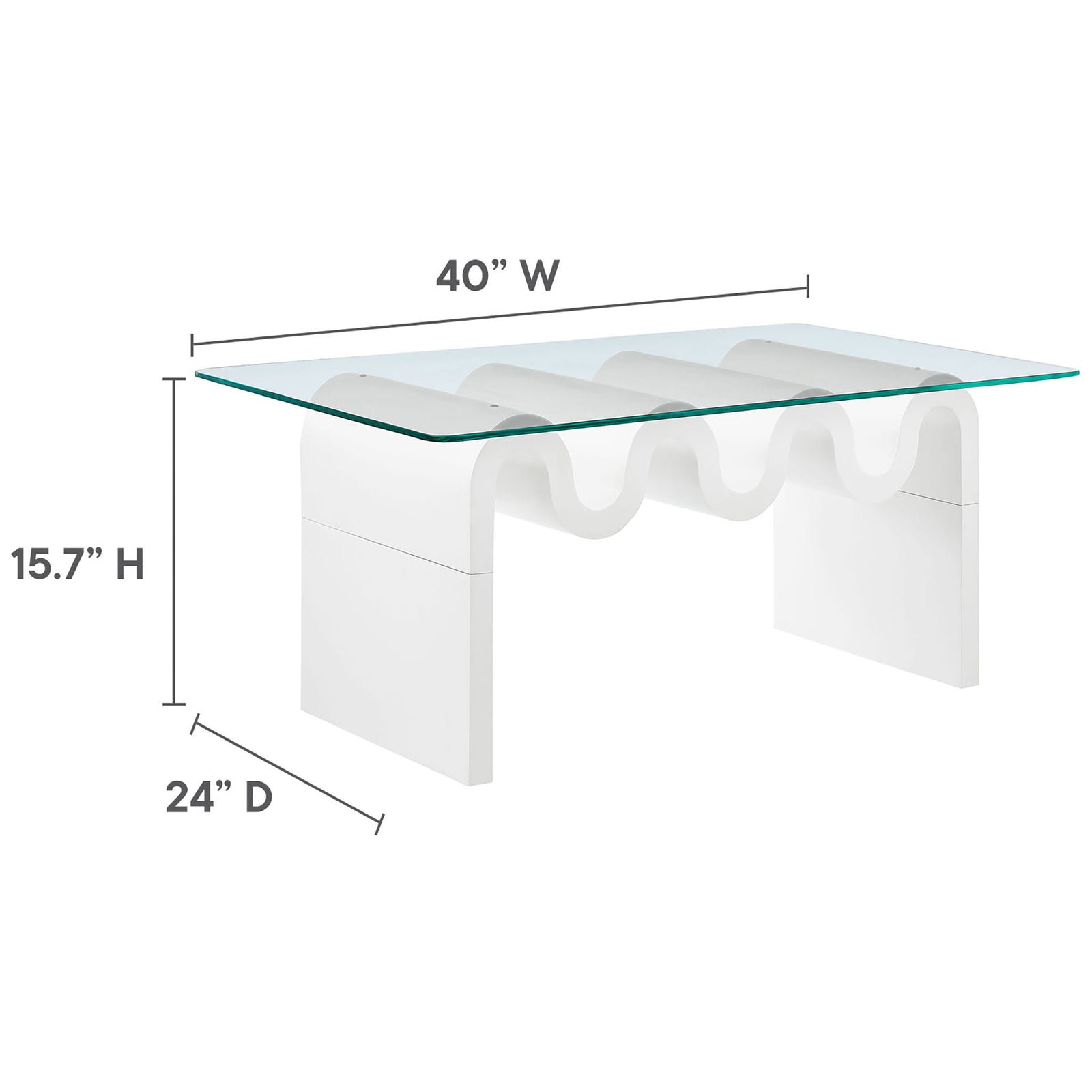 Sized for modern living at 40 x 24 x 15.7 inches, the airy glass top showcases the sculptural white base. || EEI-6900-WHI || dimension_studio