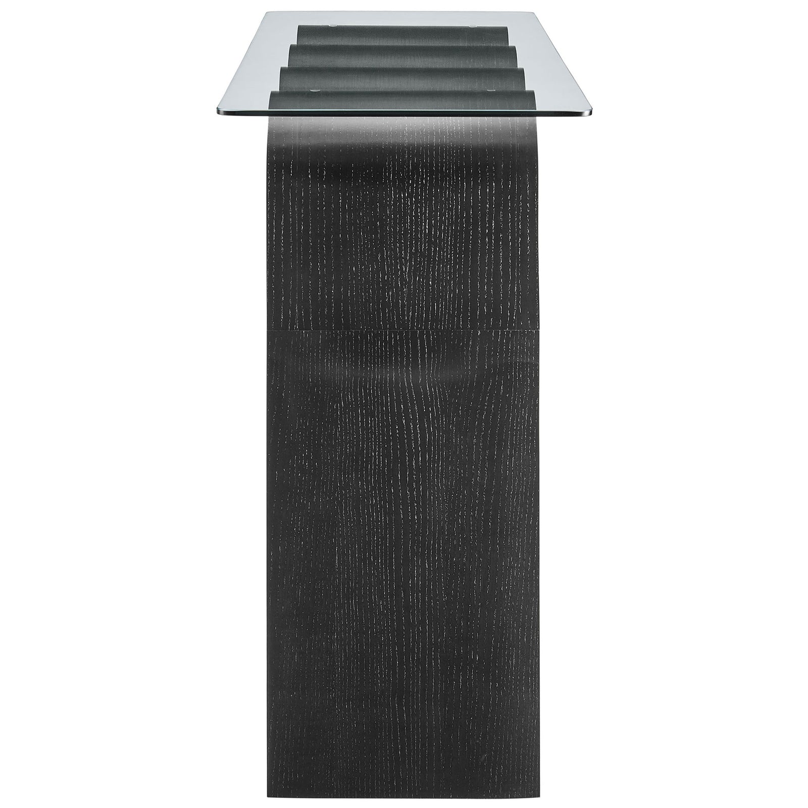 Slim profile highlights the console's narrow depth and polished glass edge. || EEI-6901-BLK || side_studio