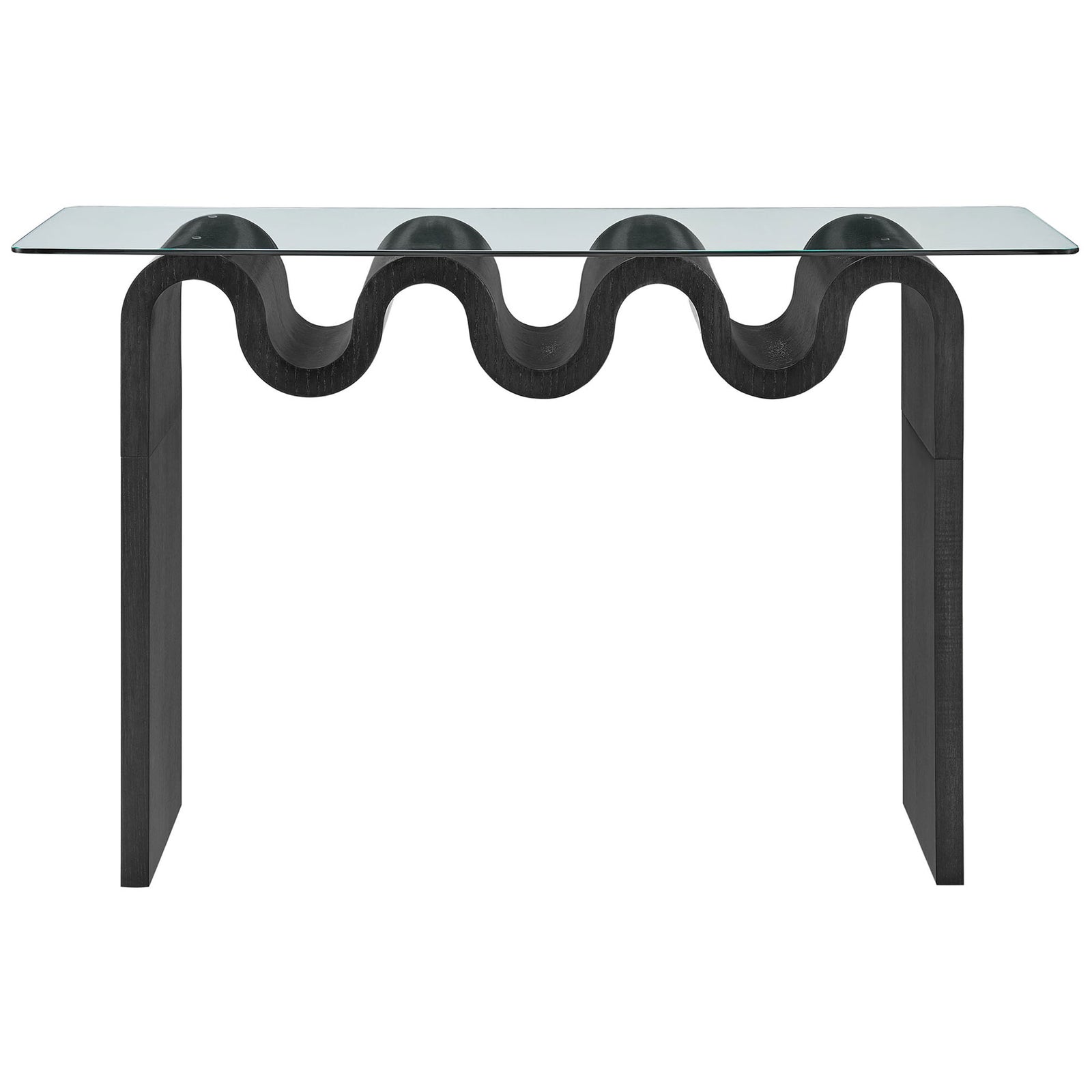 Sleek black console with wavy sculpted base and clear tempered glass top. || EEI-6901-BLK || front_studio