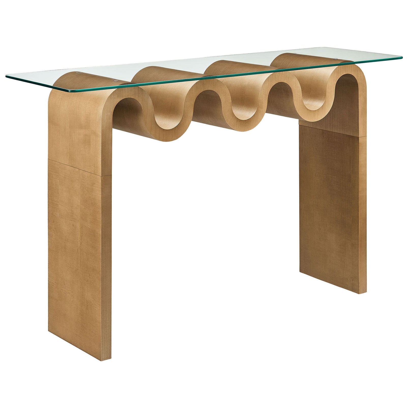 Slim 50-inch console pairs a floating glass top with a playful wavy natural wood base. || EEI-6901-NAT || front_angle_studio