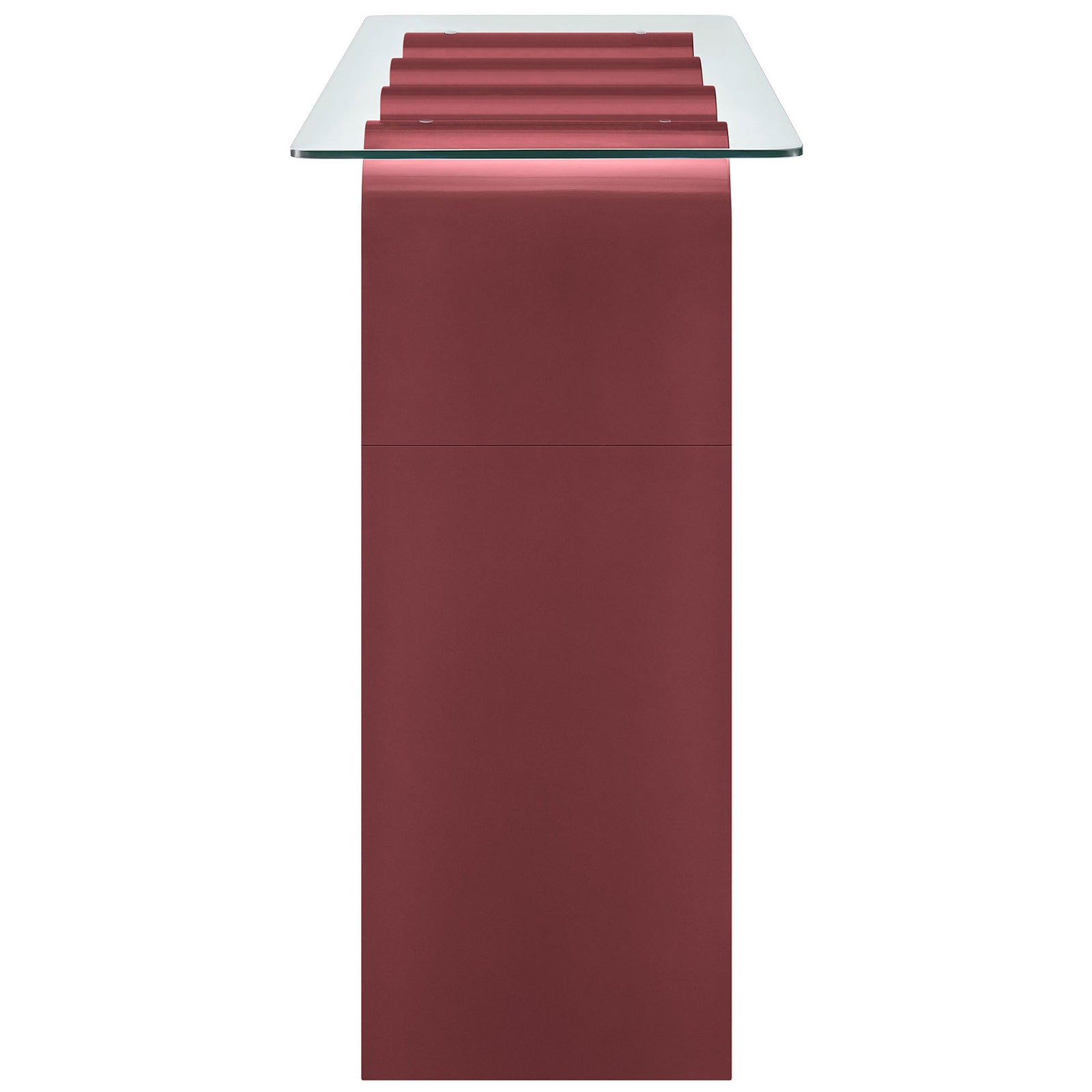 Slim profile highlights the flowing wave form and the crisp edge of the tempered glass top || EEI-6901-SPA || side_studio