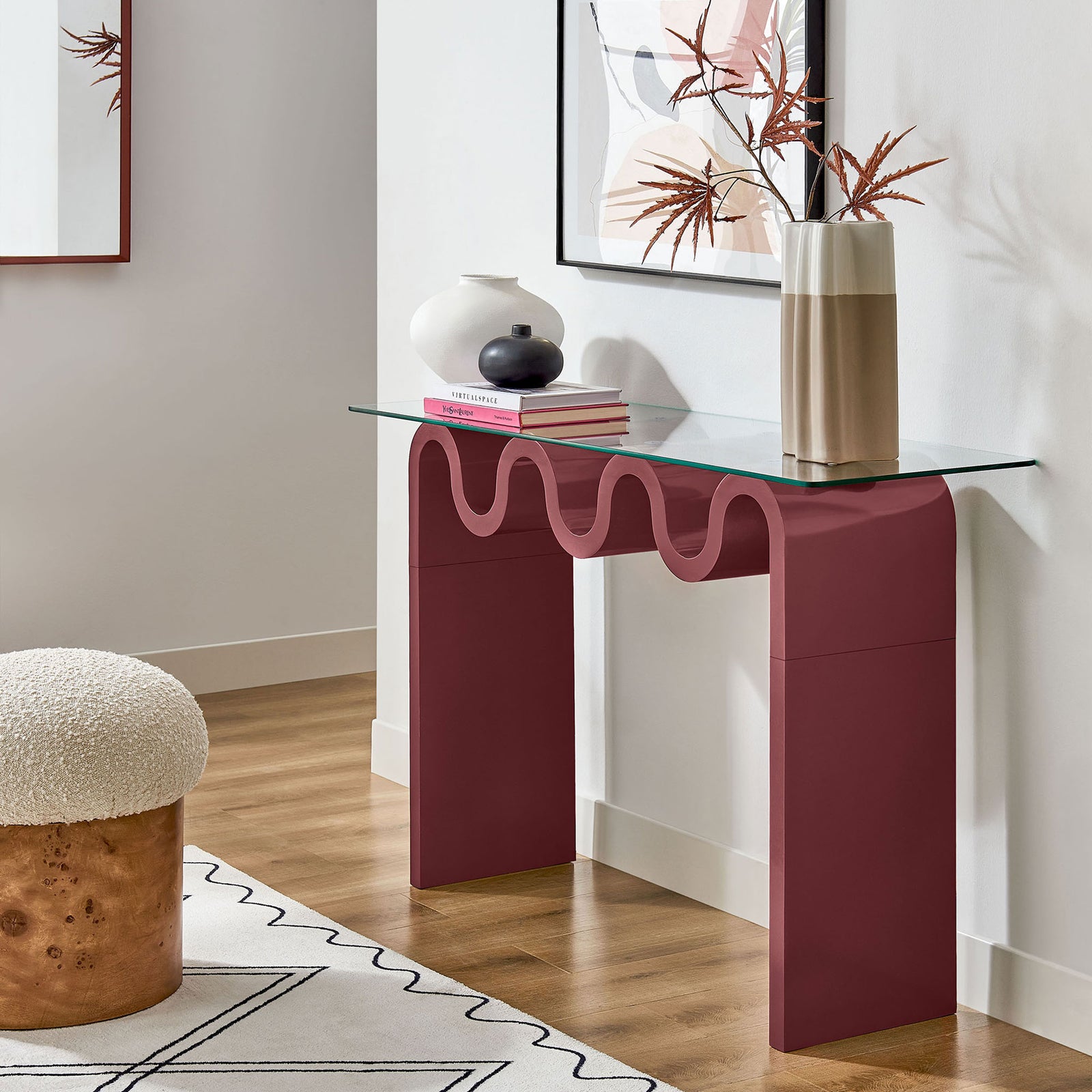 Eye-catching console table brings retro curves and modern clarity to entryways and living rooms || EEI-6901-SPA || front_angle_room