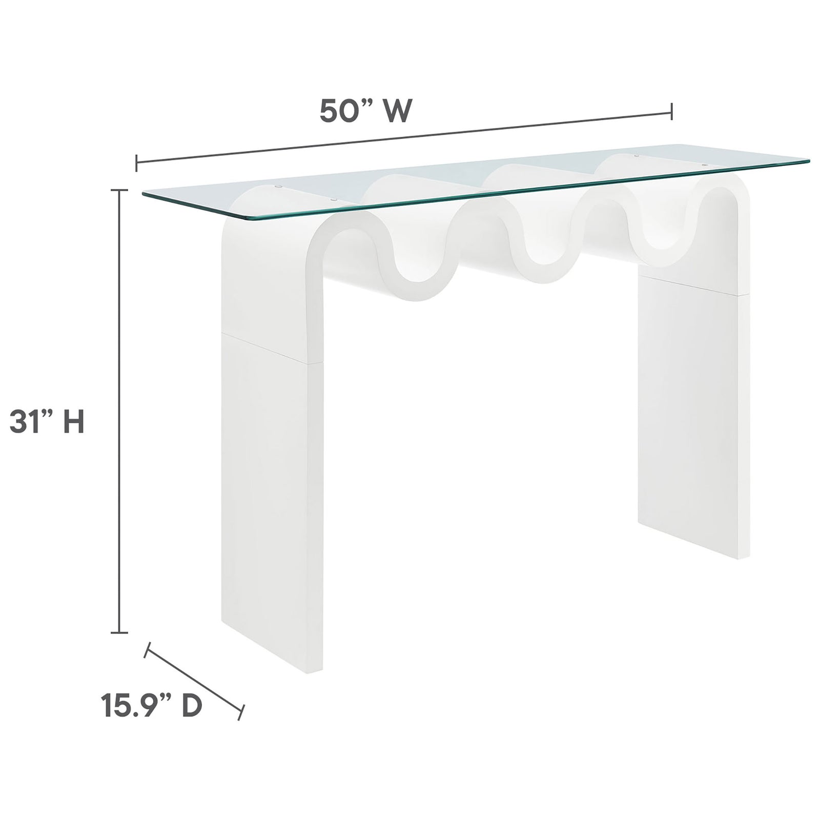 Sized for narrow spaces at 50 W x 15.9 D x 31 H with a sturdy glass top and sculptural base. || EEI-6901-WHI || dimension_studio