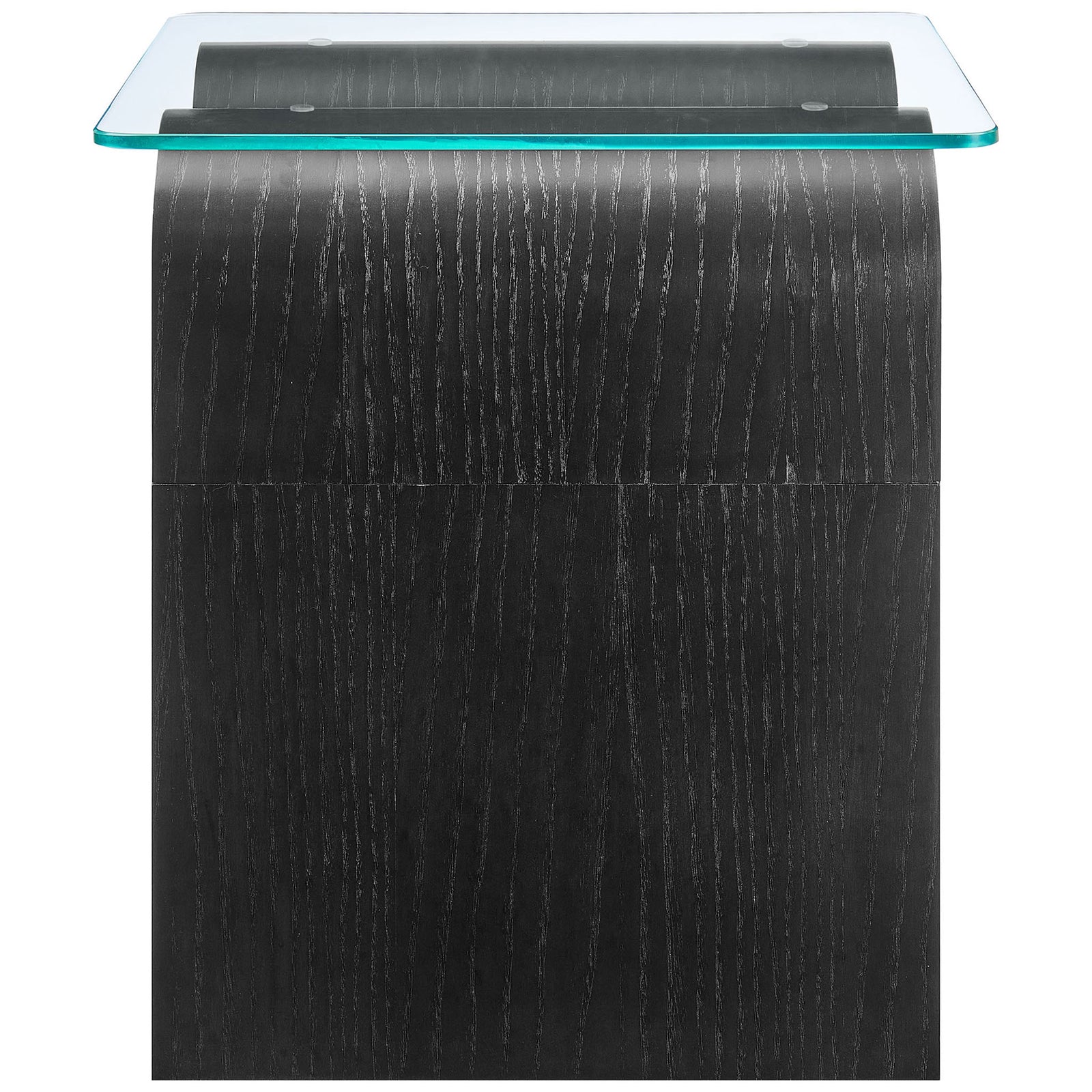 Sleek Ondine table highlighting the smooth waterfall curve and rich black wood grain beneath the glass surface || EEI-6902-BLK || side_studio