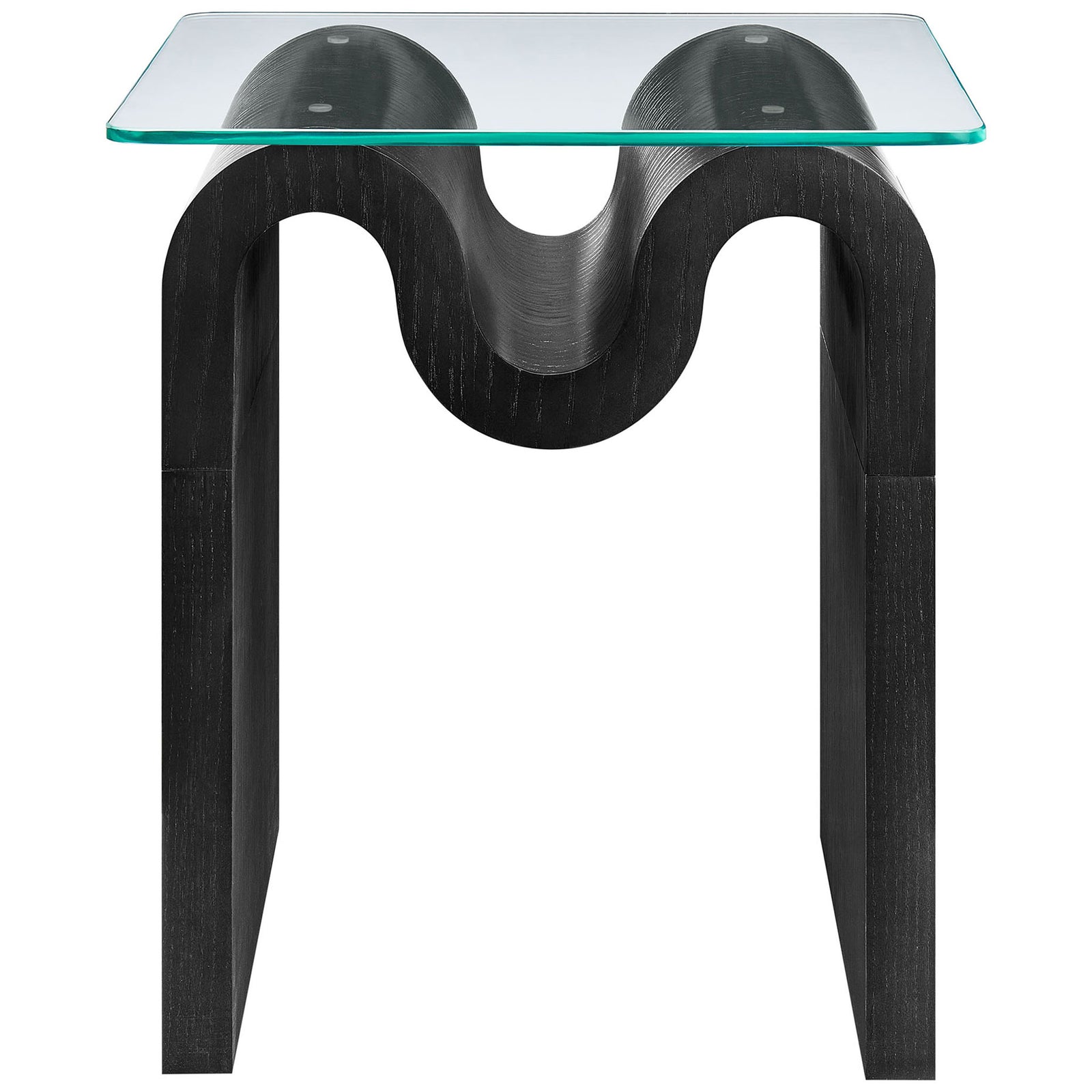 Ondine side table with sculptural black wave base and clear tempered glass top || EEI-6902-BLK || front_studio