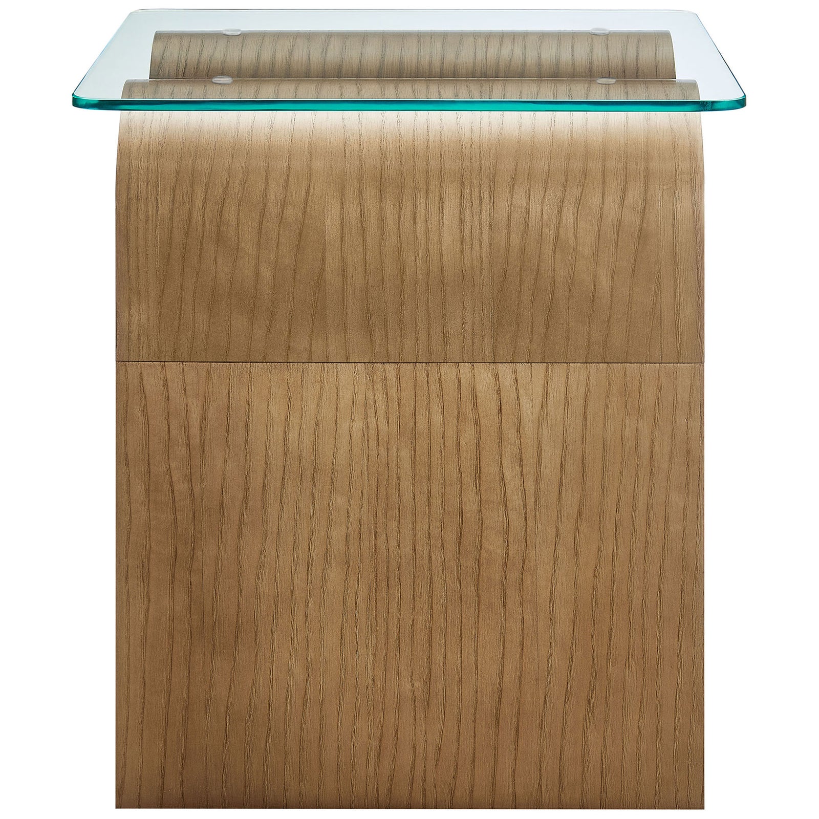 Slim silhouette highlighting the thick natural ash veneer base and gentle curved arch beneath the clear glass top || EEI-6902-NAT || side_studio
