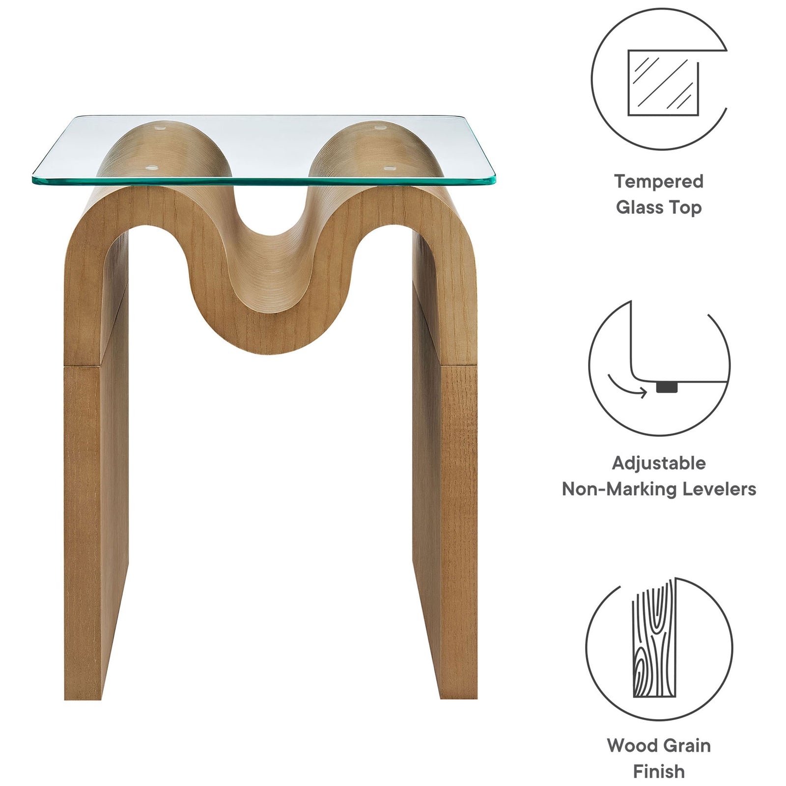 Ondine side table features a tempered glass top, adjustable non-marking levelers, and a warm wood grain finish || EEI-6902-NAT || callout_studio
