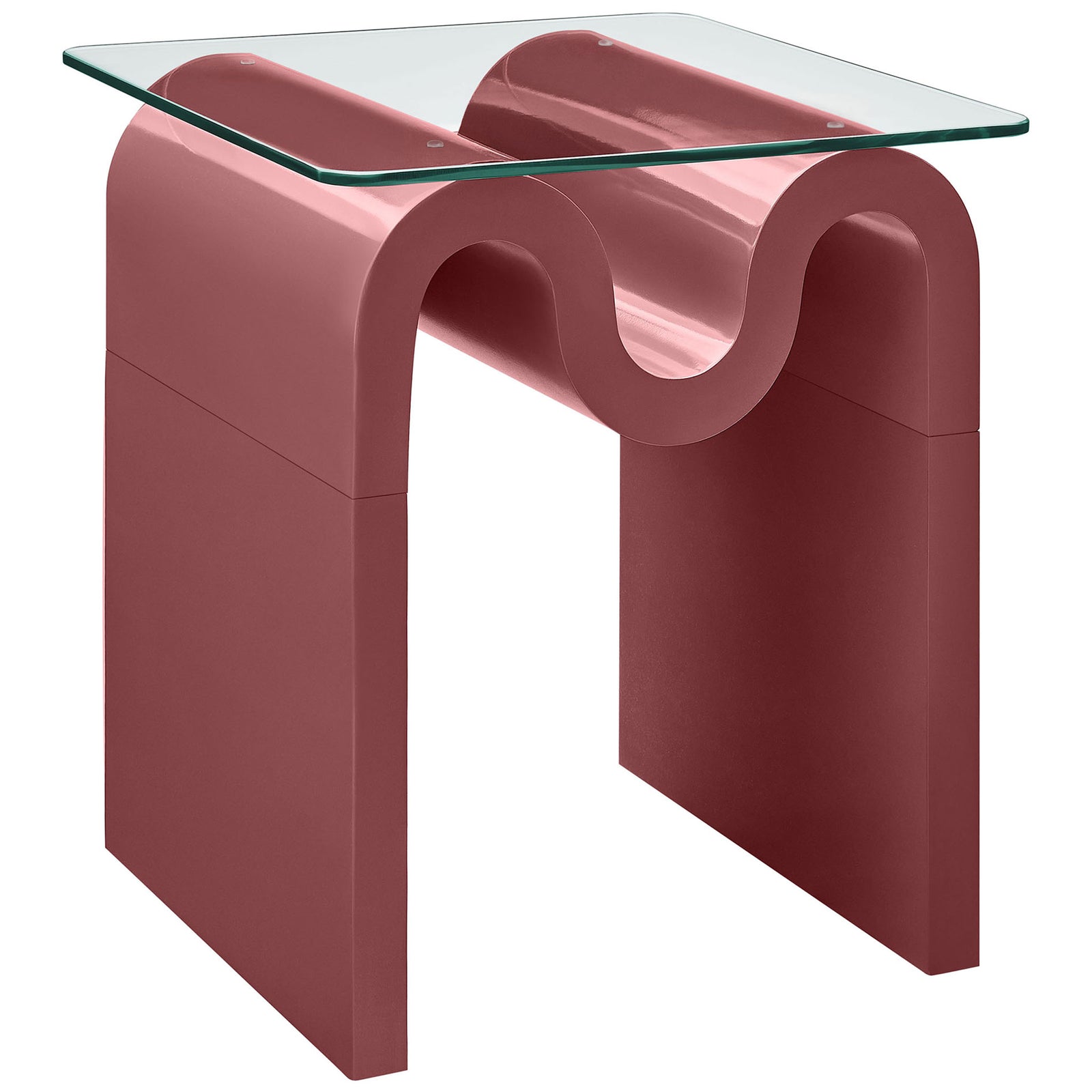 Ondine spiced apple side table with sculpted wave base and clear square glass top || EEI-6902-SPA || front_angle_studio