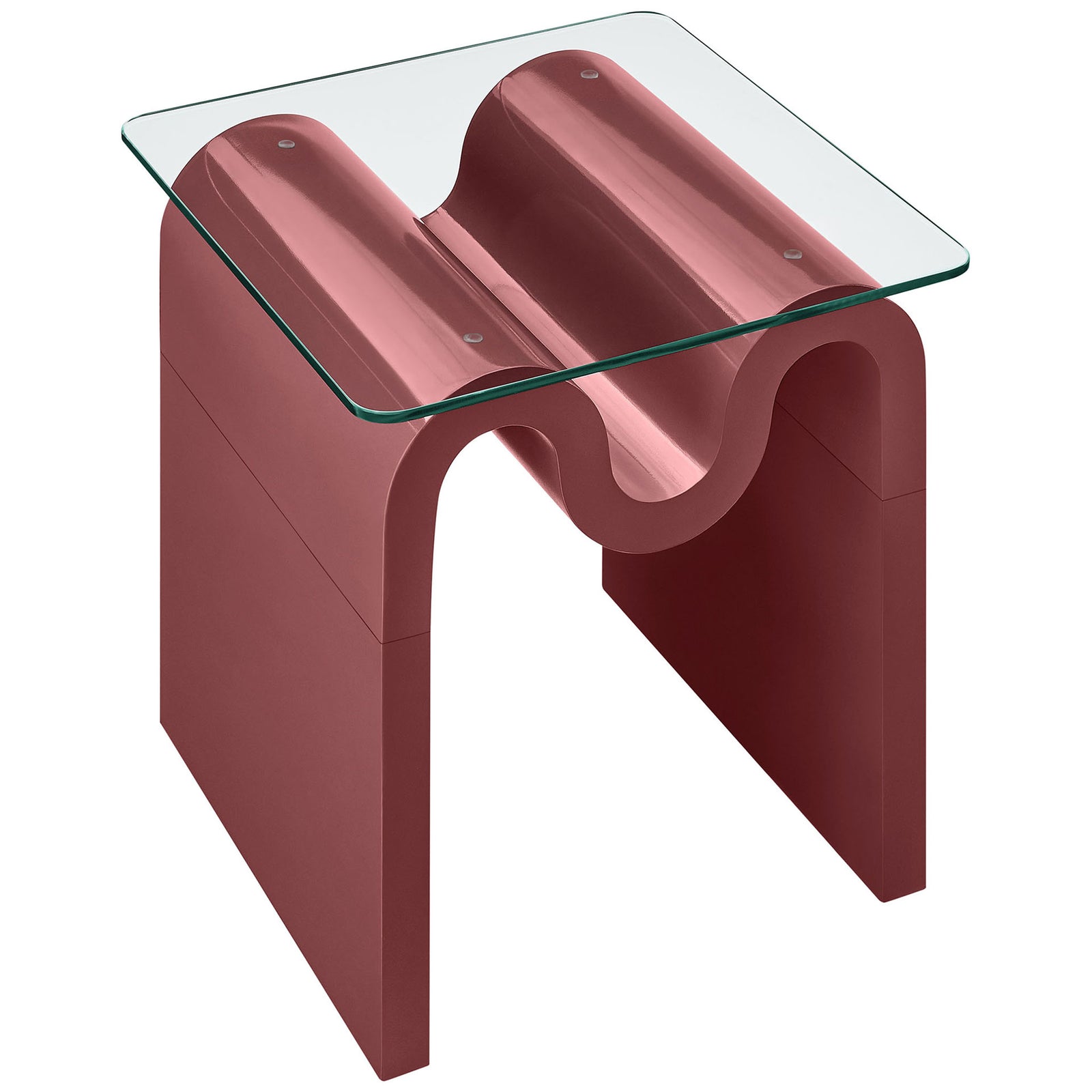 Ondine glass top side table showing the squared clear surface and continuous wave base in spiced apple || EEI-6902-SPA || top_angle_studio