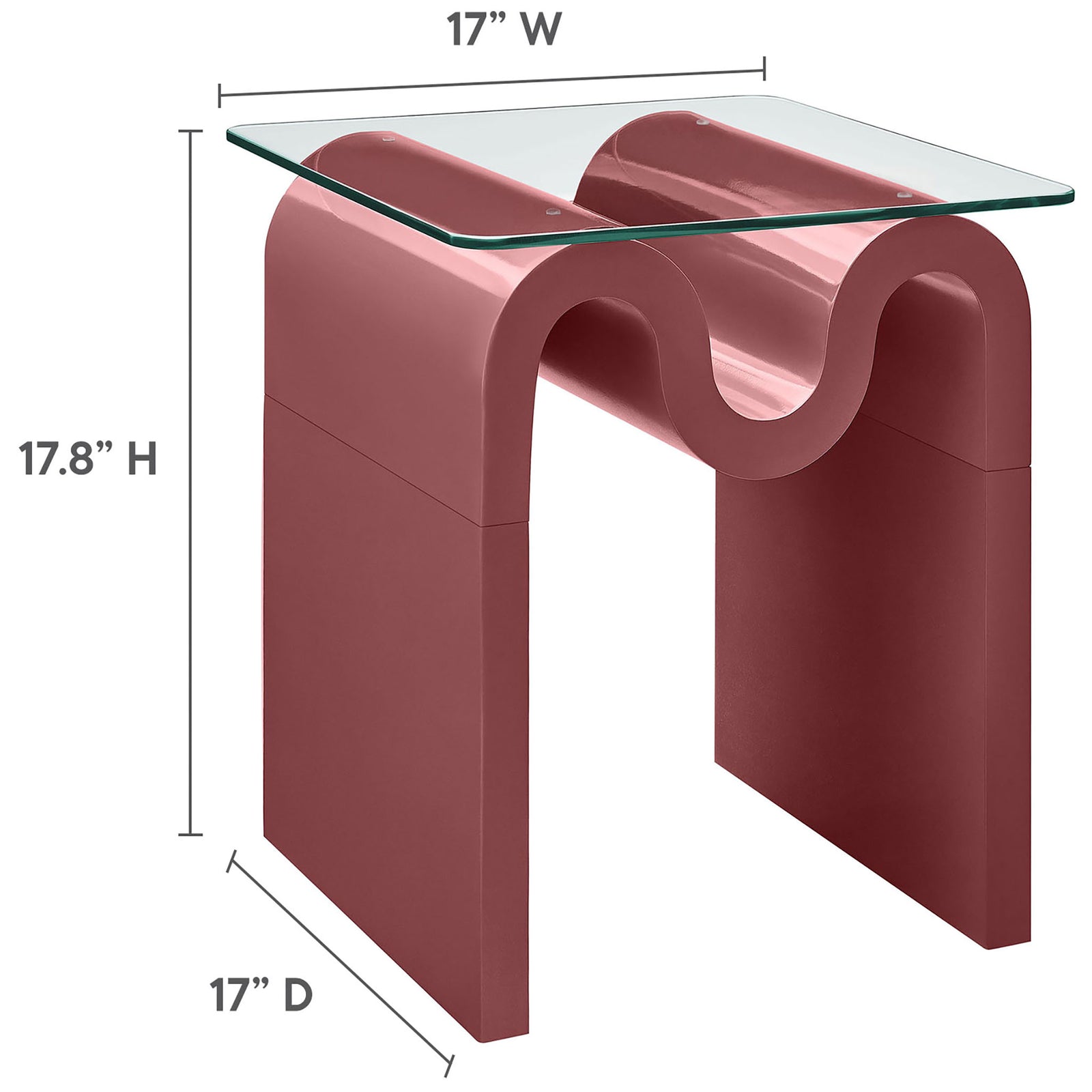 Ondine glass top side table measuring about 17 inches wide and deep and 17.8 inches high || EEI-6902-SPA || dimension_studio