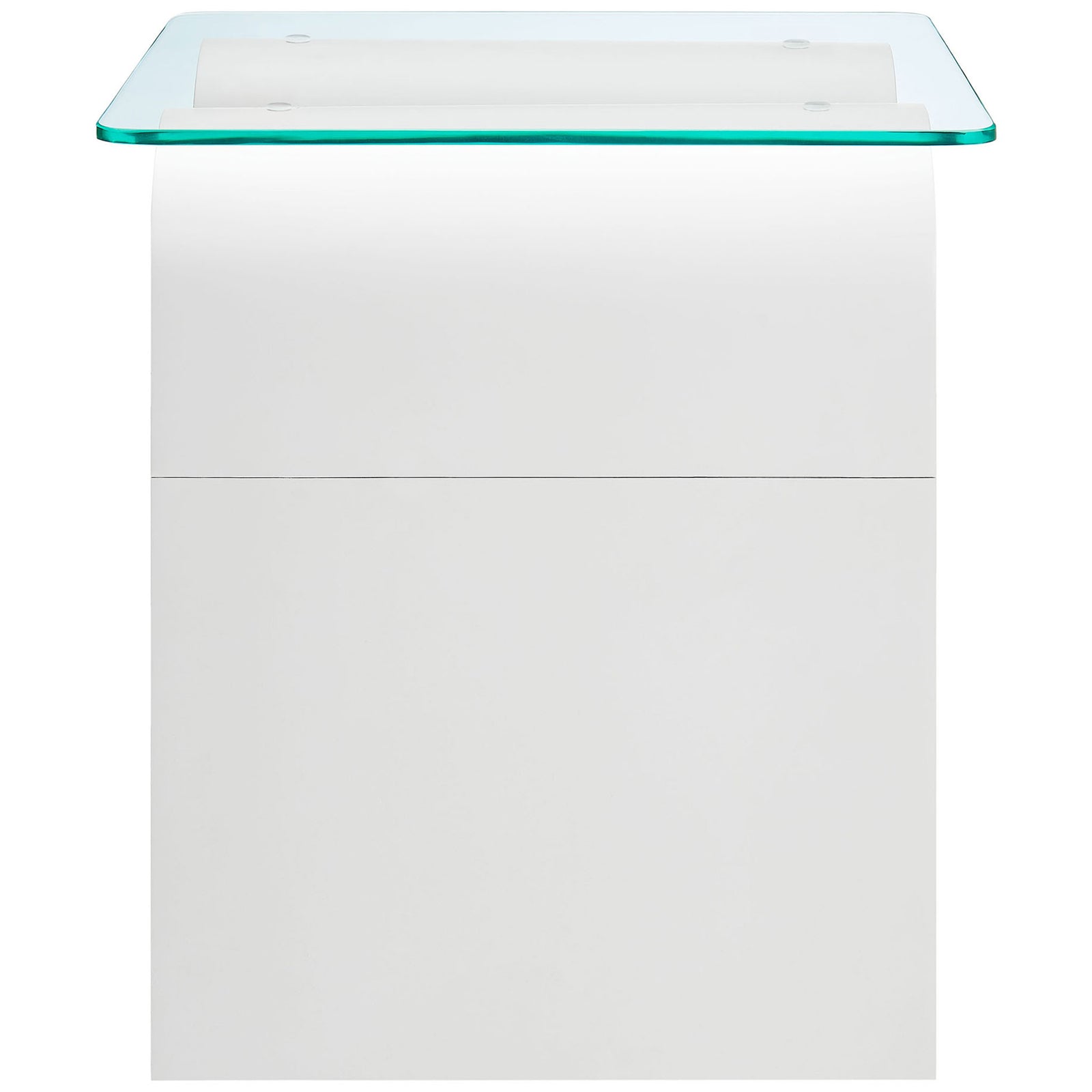 Smooth white panel side of the Ondine table with crisp glass top and clean minimalist profile || EEI-6902-WHI || side_studio