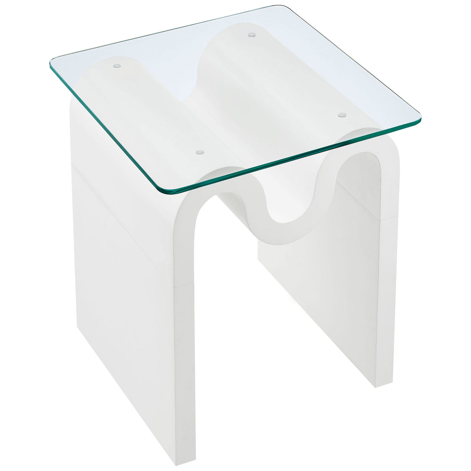 Square glass top revealing the curving white base and softly rounded tabletop corners || EEI-6902-WHI || top_angle_studio