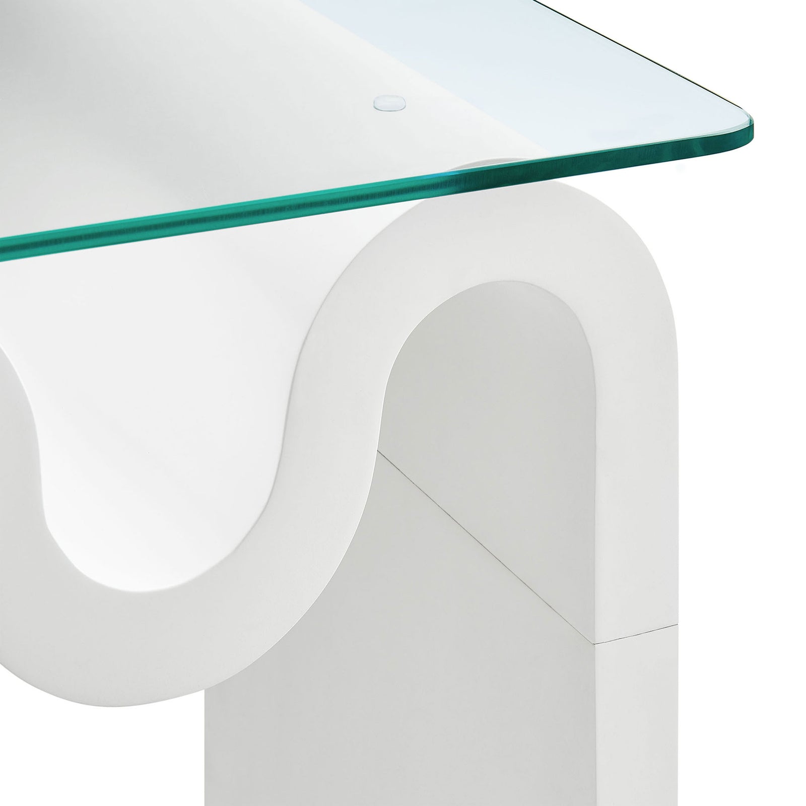 Close view of the tempered glass edge meeting the smooth white wave base for a refined finish || EEI-6902-WHI || detail_studio