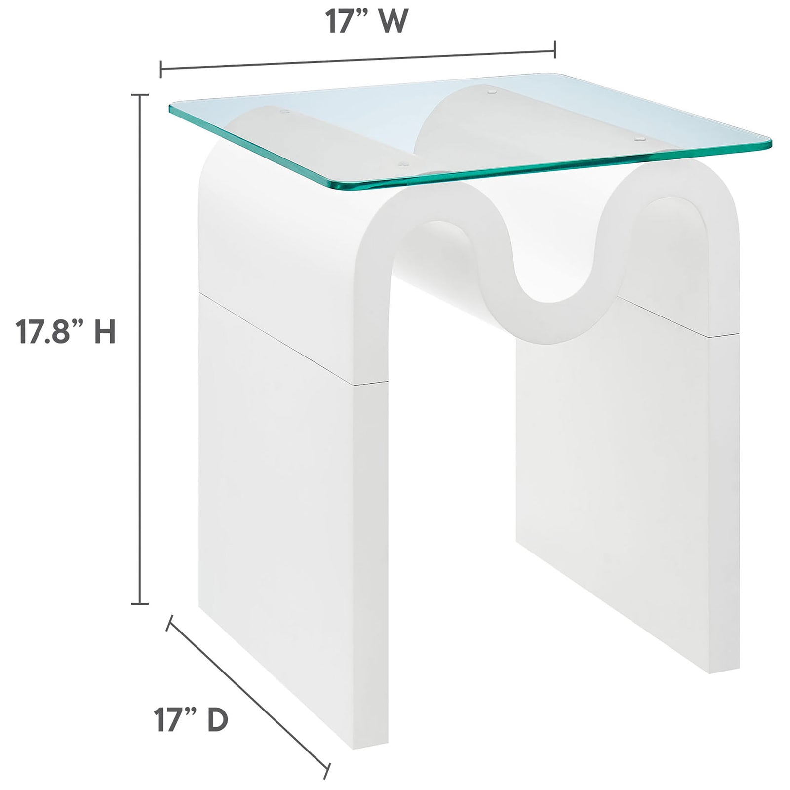Dimension graphic of the Ondine glass top side table showing its compact square footprint || EEI-6902-WHI || dimension_studio