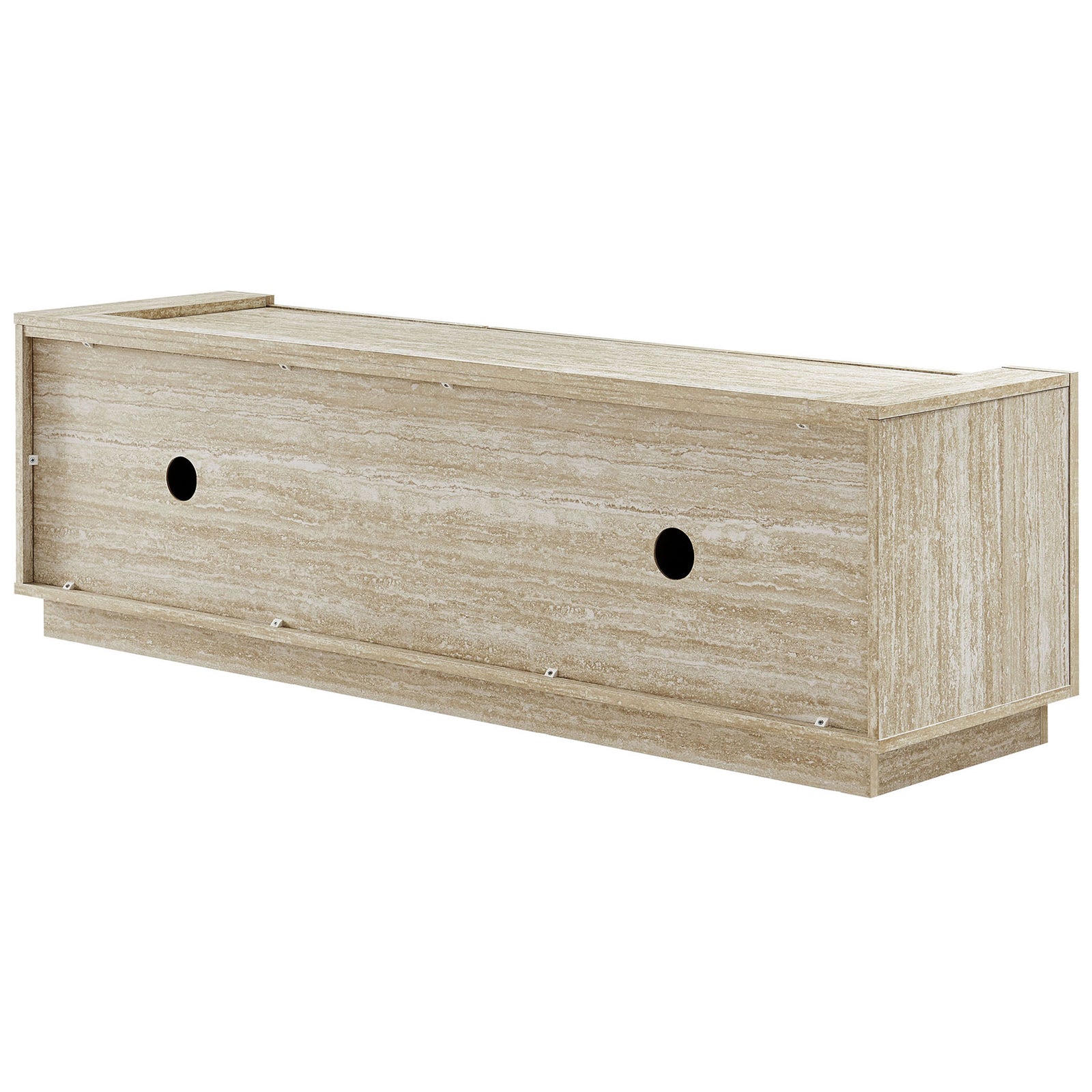 Back of the travertine TV stand with two cable management cutouts and a clean, finished panel || EEI-6907-TRA || back_studio