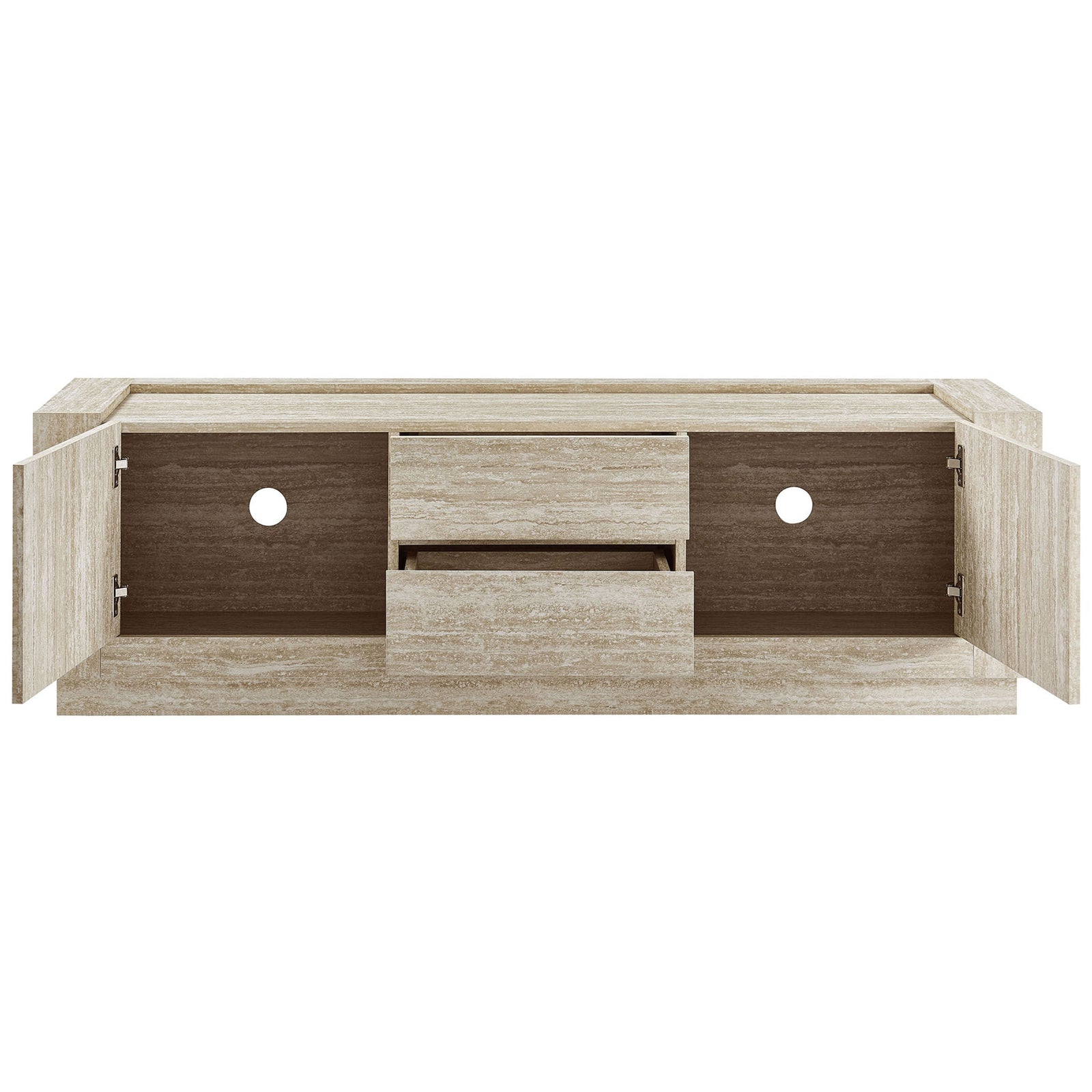 TV stand with both doors open and drawers pulled out, revealing generous storage for media essentials || EEI-6907-TRA || front_open_studio