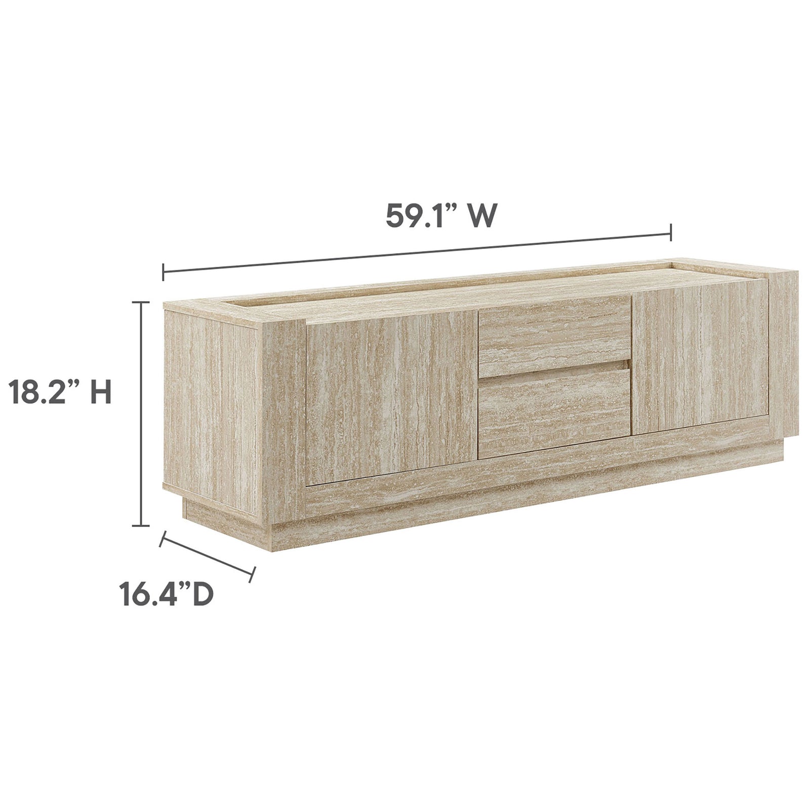Dimensions of the 59 inch travertine TV stand showing overall width, height, and depth measurements || EEI-6907-TRA || dimension_studio
