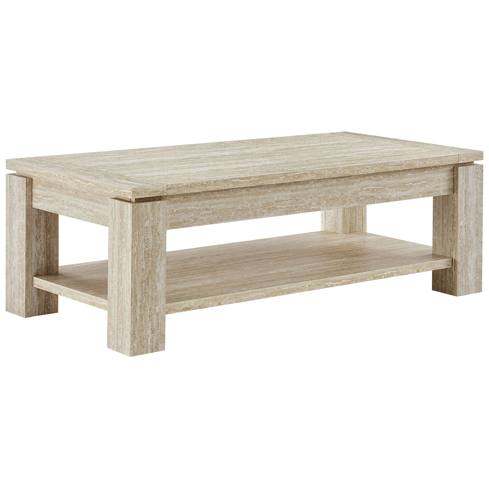 Rectangular coffee table with faux travertine finish, bold square legs, and an open lower shelf for storage || EEI-6908-TRA || front_angle_studio