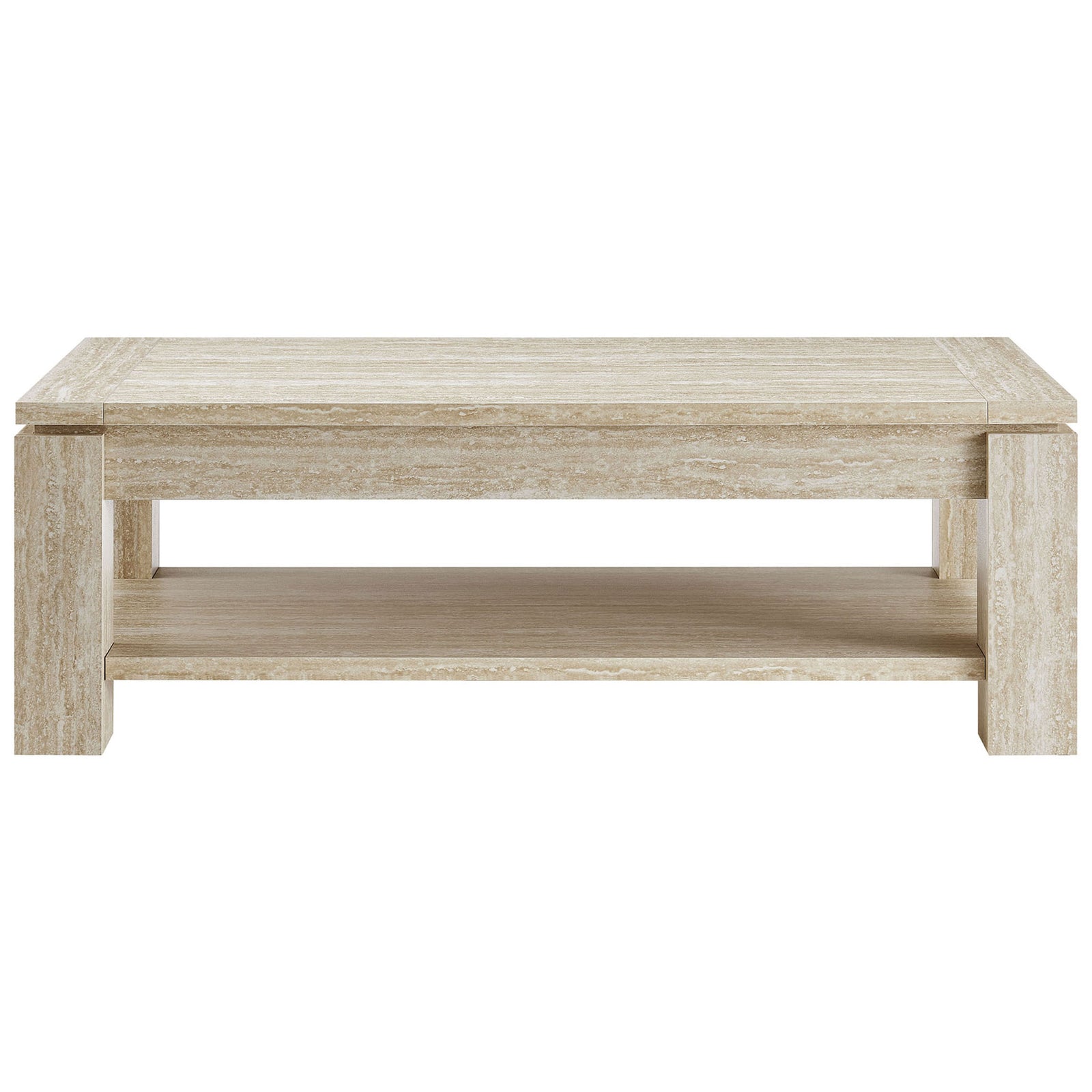 Wide tabletop and open shelf offer generous surface and storage in a chic travertine look || EEI-6908-TRA || front_studio