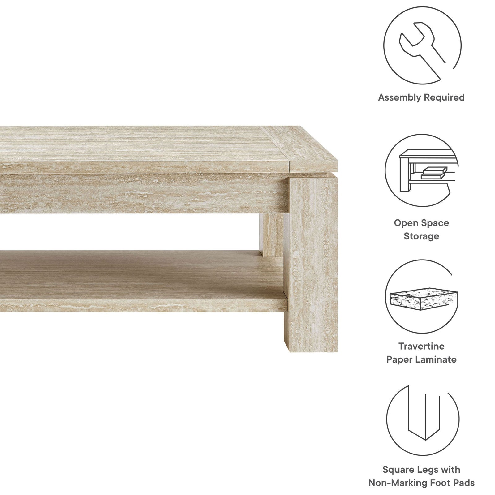Key features include travertine laminate finish, open shelf storage, square legs, and non-marking foot pads || EEI-6908-TRA || callout_studio