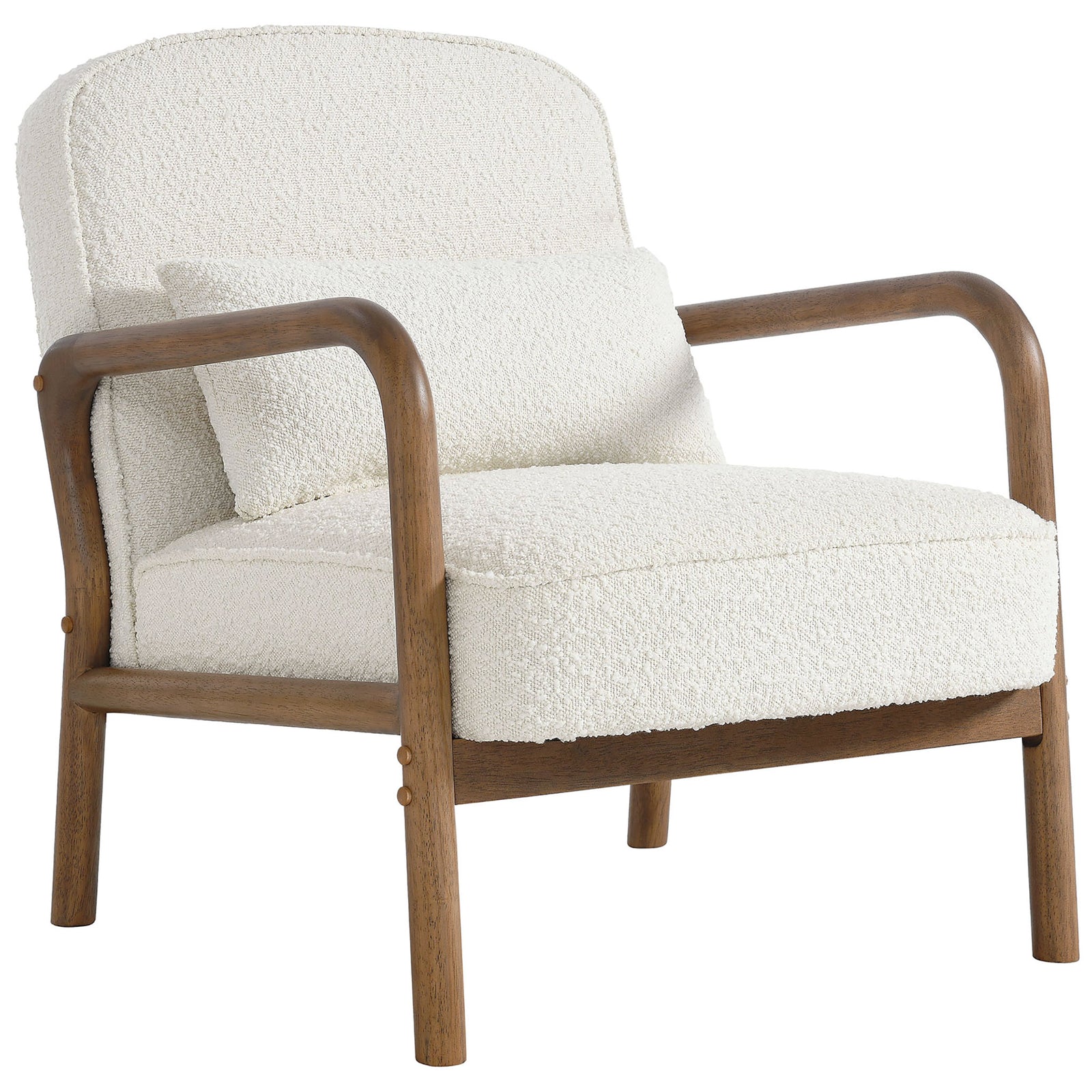 Textured ivory boucle upholstery and smooth solid wood frame create a cozy modern seat || EEI-6909-IVO || front_angle_studio