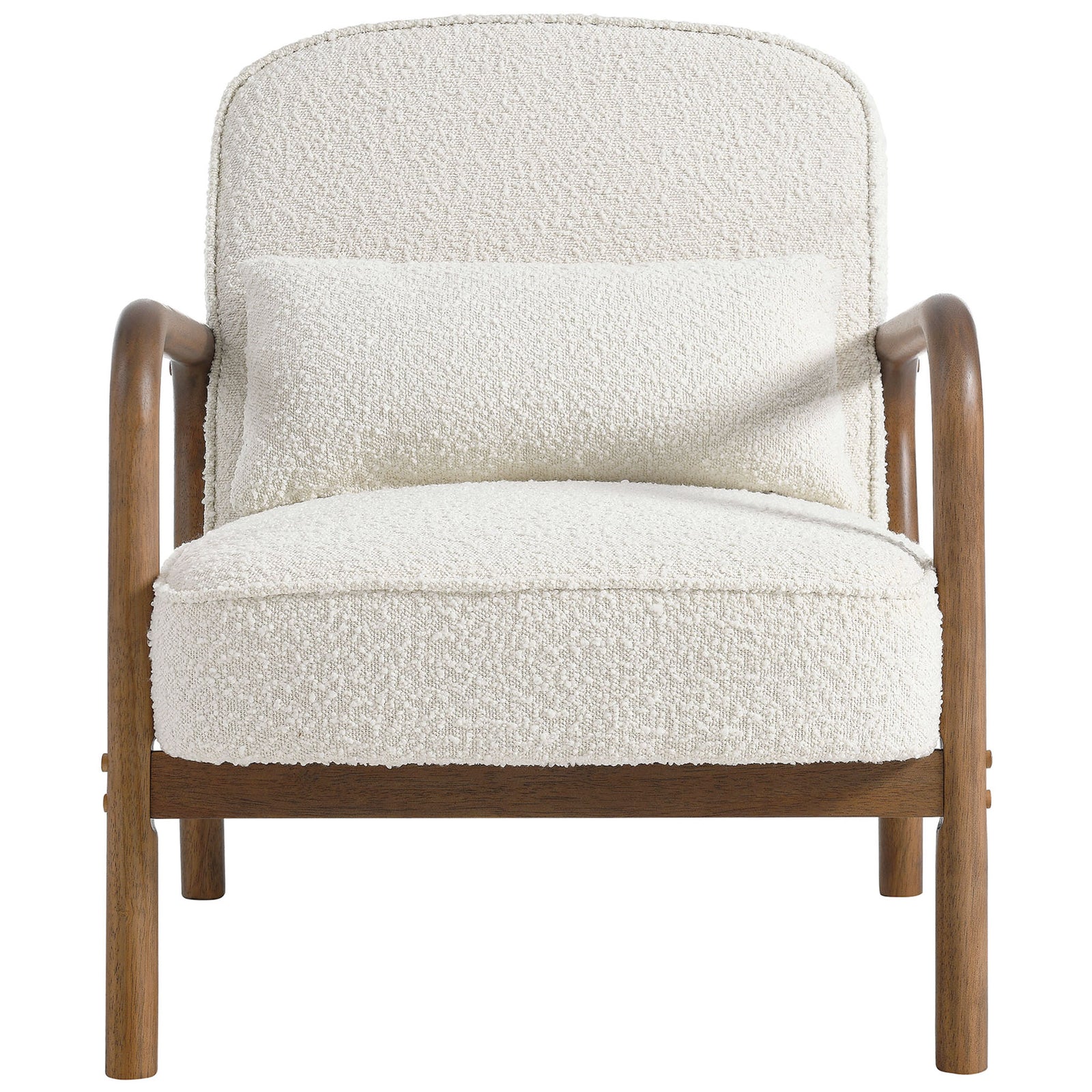 Ivory boucle armchair with curved wooden arms and matching lumbar pillow || EEI-6909-IVO || front_studio