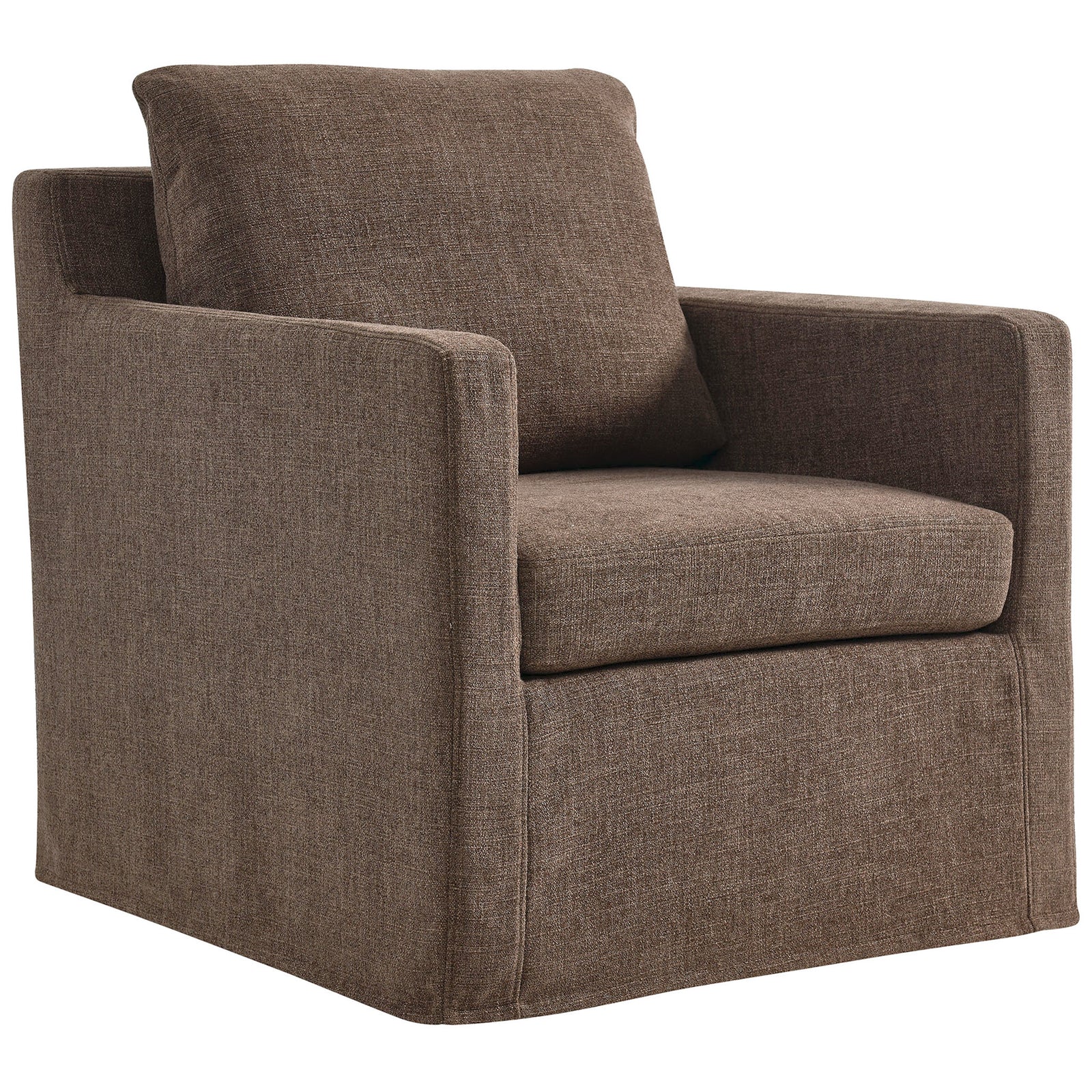 Mocha slipcovered swivel armchair with clean lines and plush, removable cushions || EEI-6910-MOC || front_angle_studio