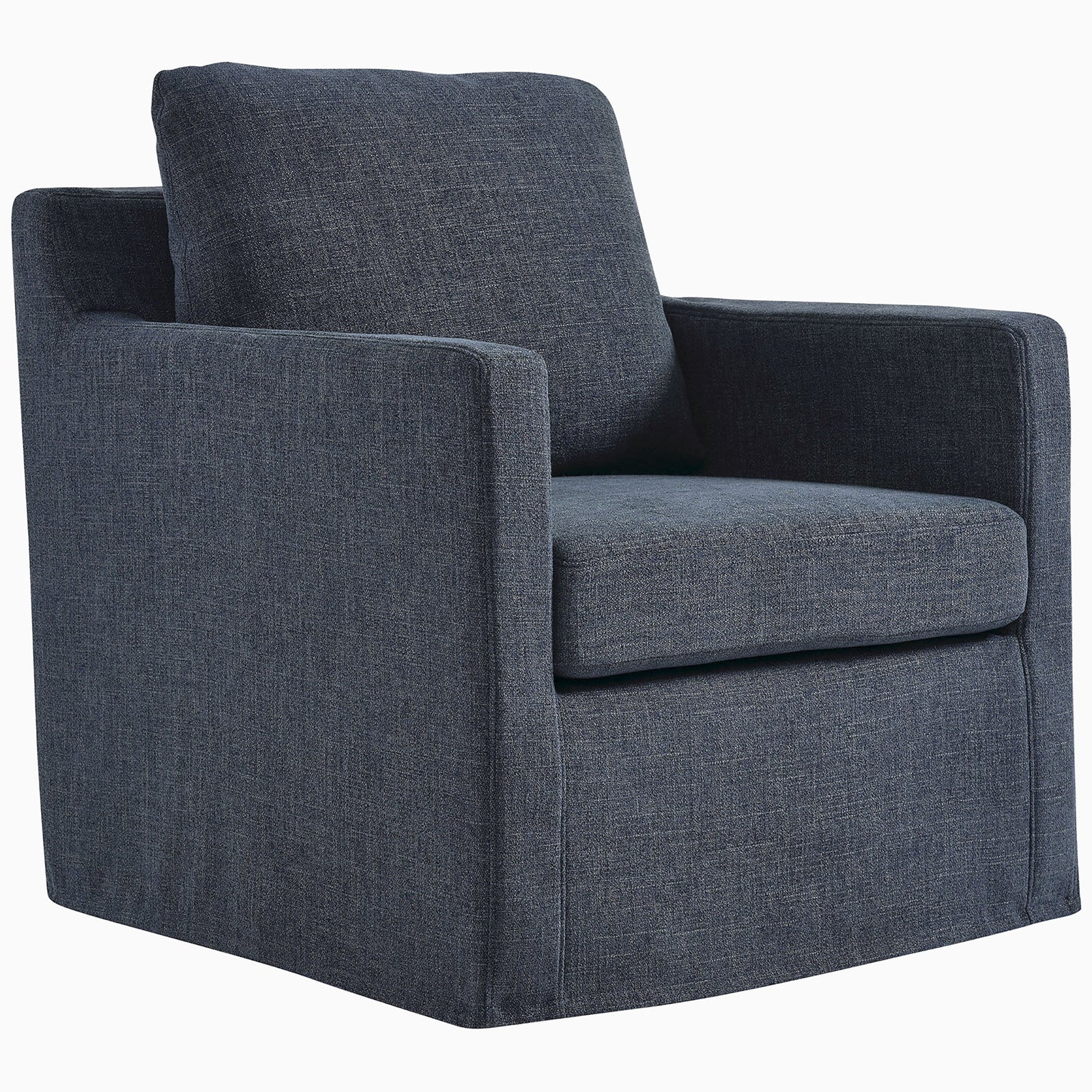 Tailored slate blue slipcovered armchair with plush back cushion and box seat || EEI-6910-SLB || front_angle_studio