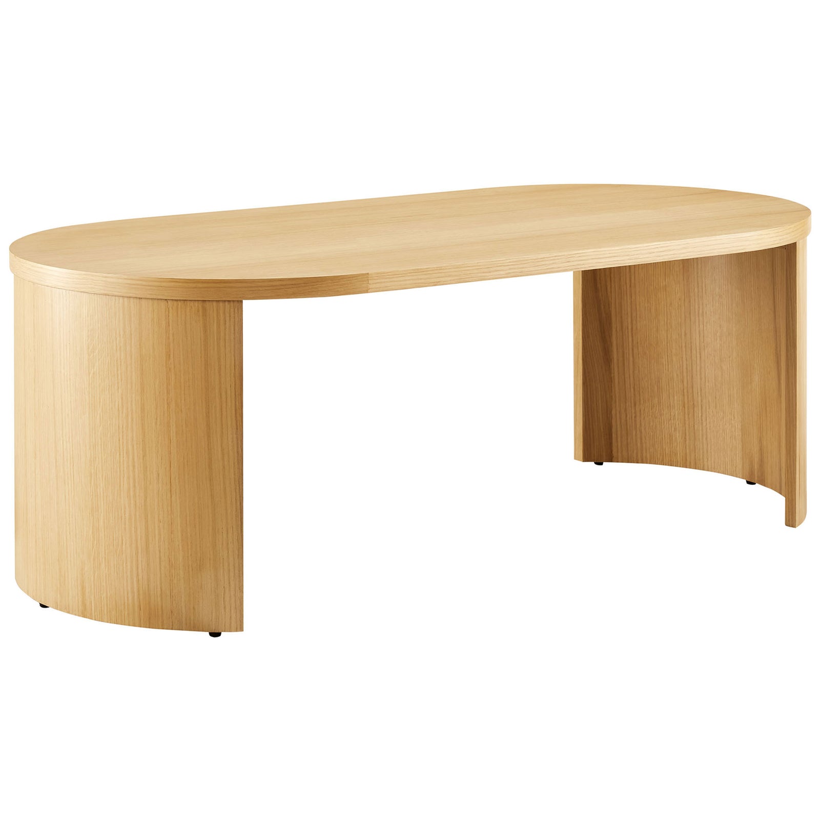 Warm oak veneer highlights the rounded edges and sculptural base || EEI-6911-OAK || front_angle_studio