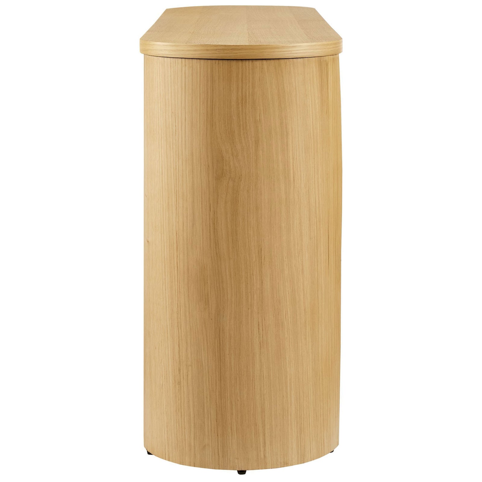 Curved end panel highlights the console's smooth oak grain and sturdy, well-balanced construction || EEI-6912-OAK || side_studio