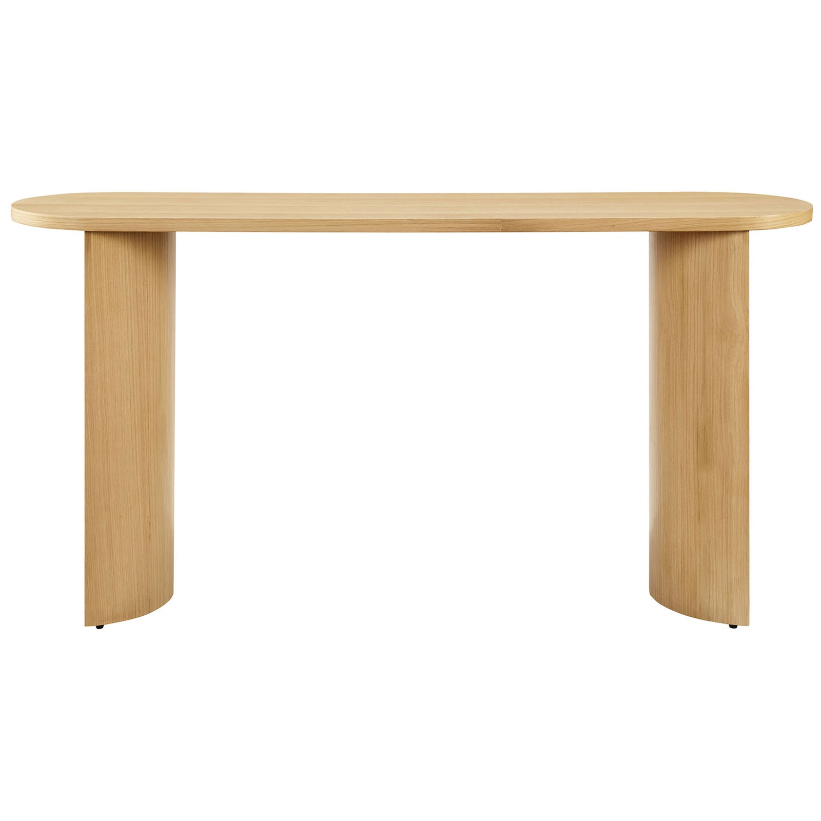 Streamlined oak veneer console with softly rounded edges and customizable arched leg orientation || EEI-6912-OAK || front_studio
