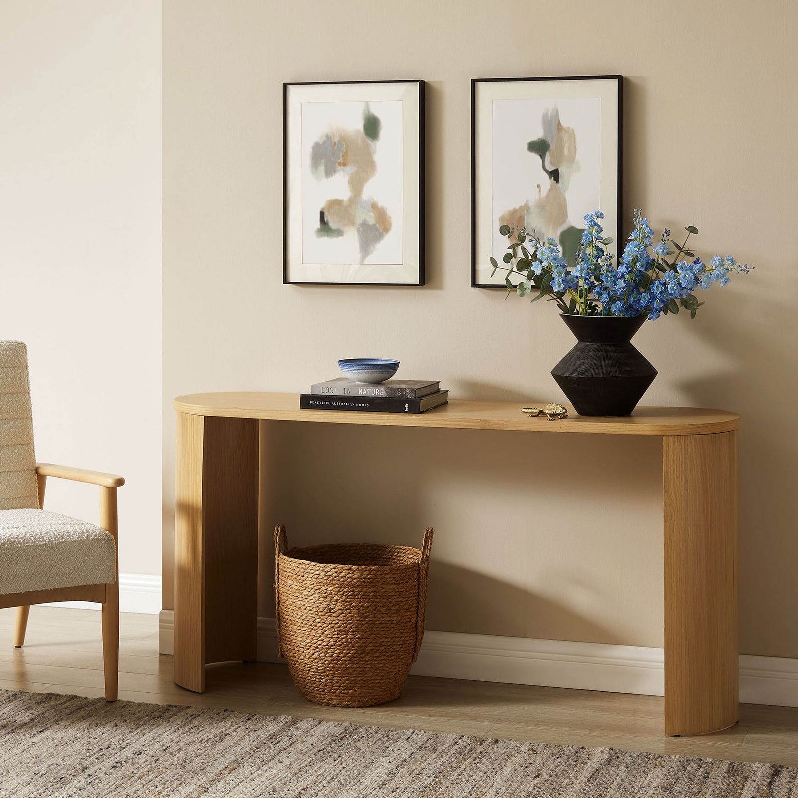 Warm oak console brings organic texture and modern simplicity to living spaces and entryways || EEI-6912-OAK || front_angle_room