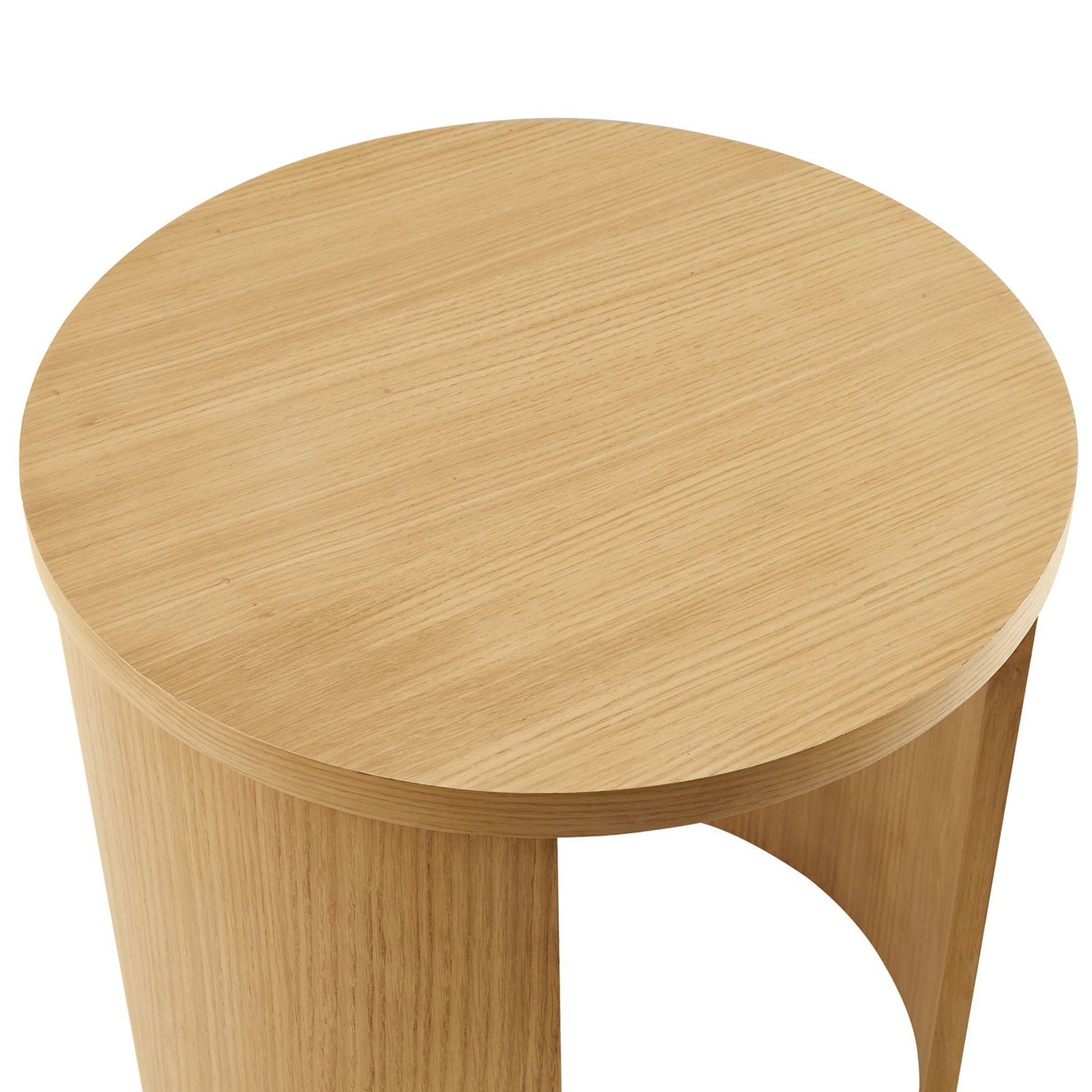 Oak round tabletop highlighting the linear wood grain and softly beveled edge || EEI-6913-OAK || top_angle_studio