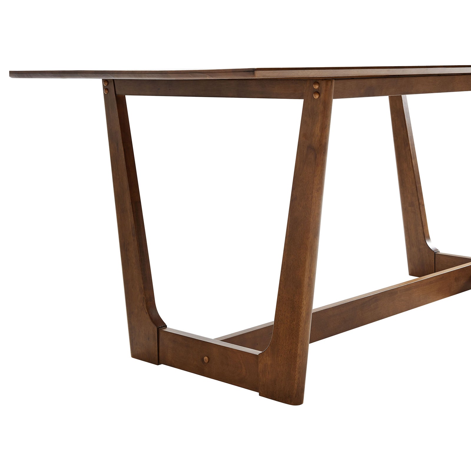 Detail of the Solara table U-shaped leg and stretcher highlighting warm walnut wood finish || EEI-6914-WAL || leg_studio
