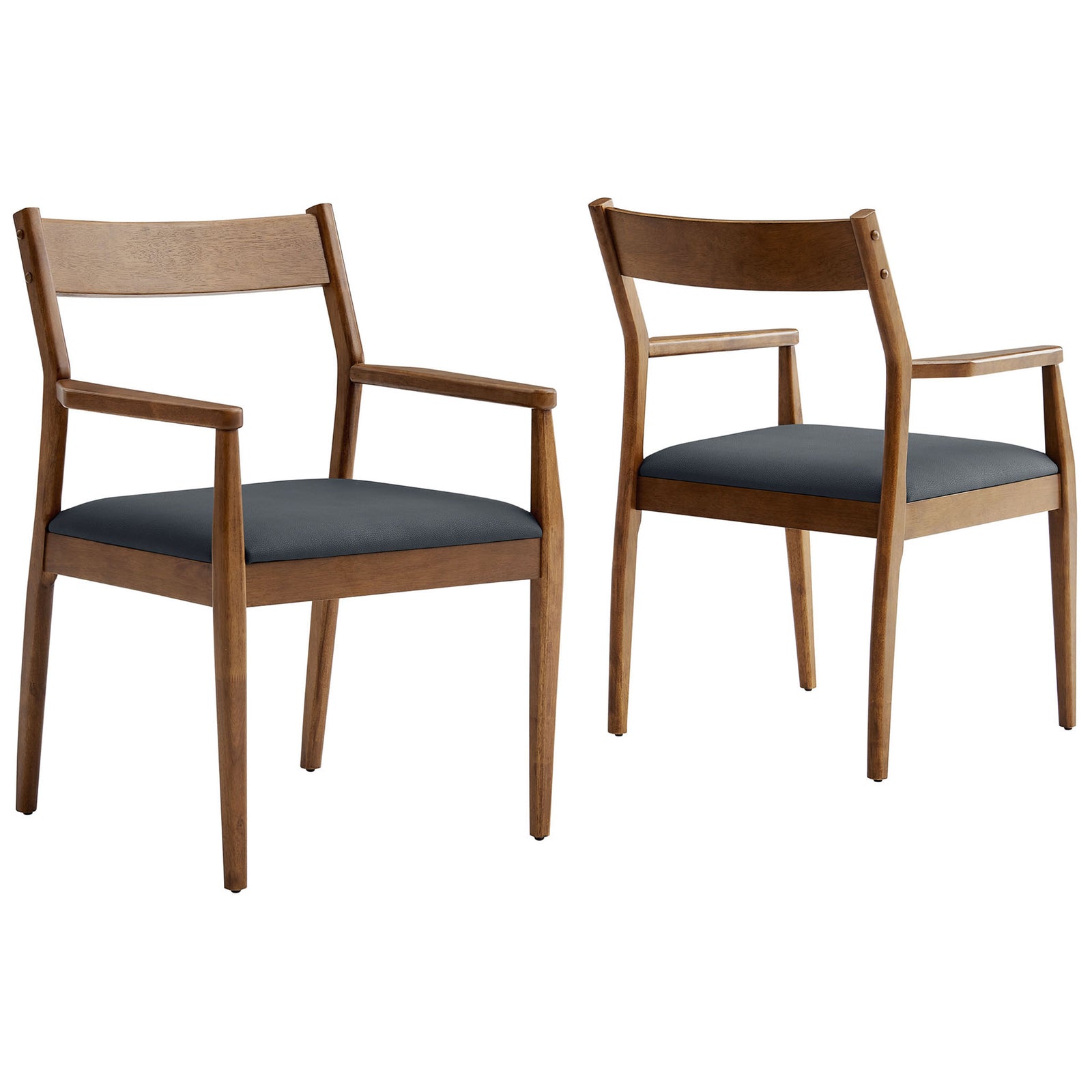 Set of two walnut dining armchairs with black vegan leather seats for a modern, inviting dining space. || EEI-6915-WAL-BLK || front_angle_multi_studio