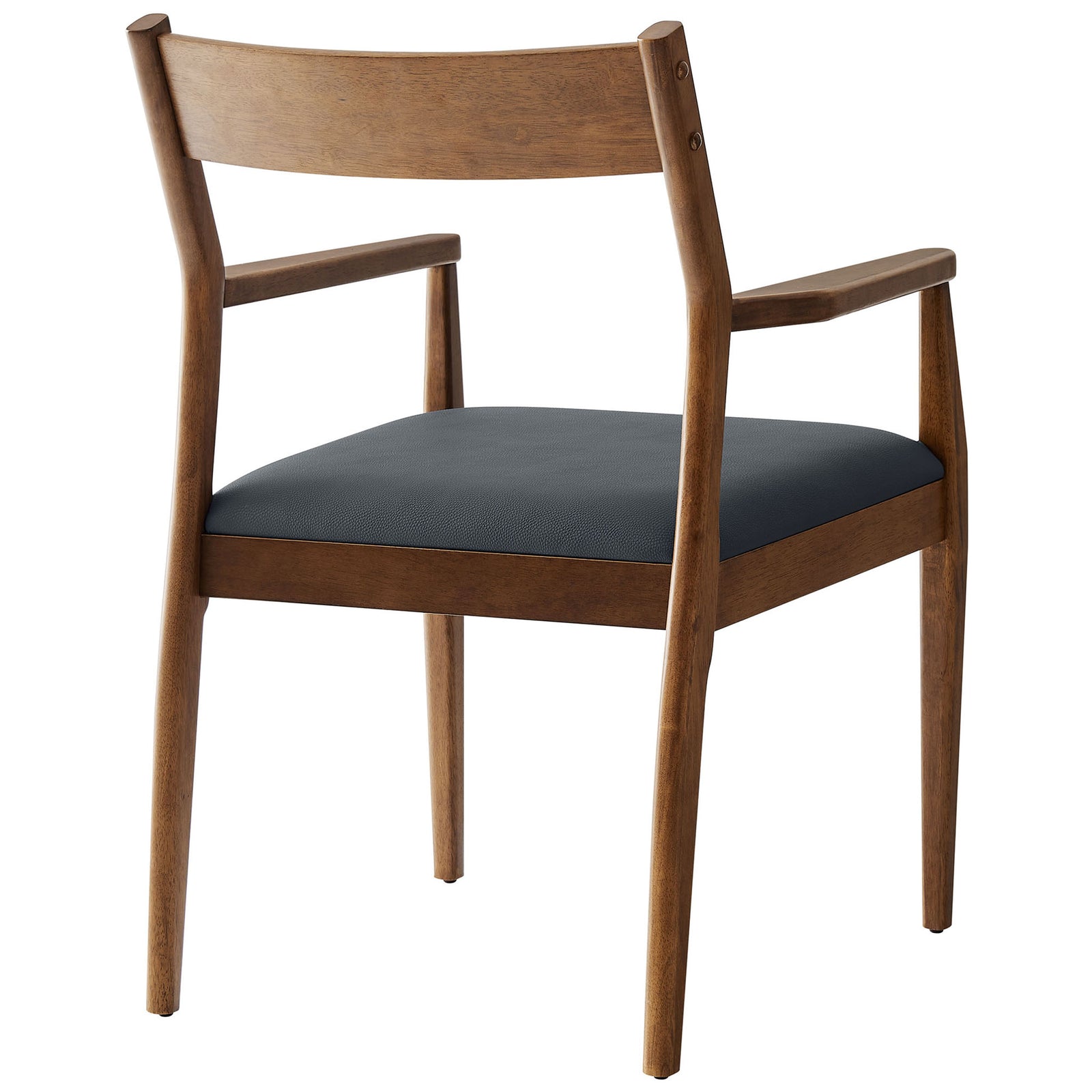 Back of walnut dining armchair highlighting the contoured backrest and warm wood grain. || EEI-6915-WAL-BLK || back_angle_partial_studio