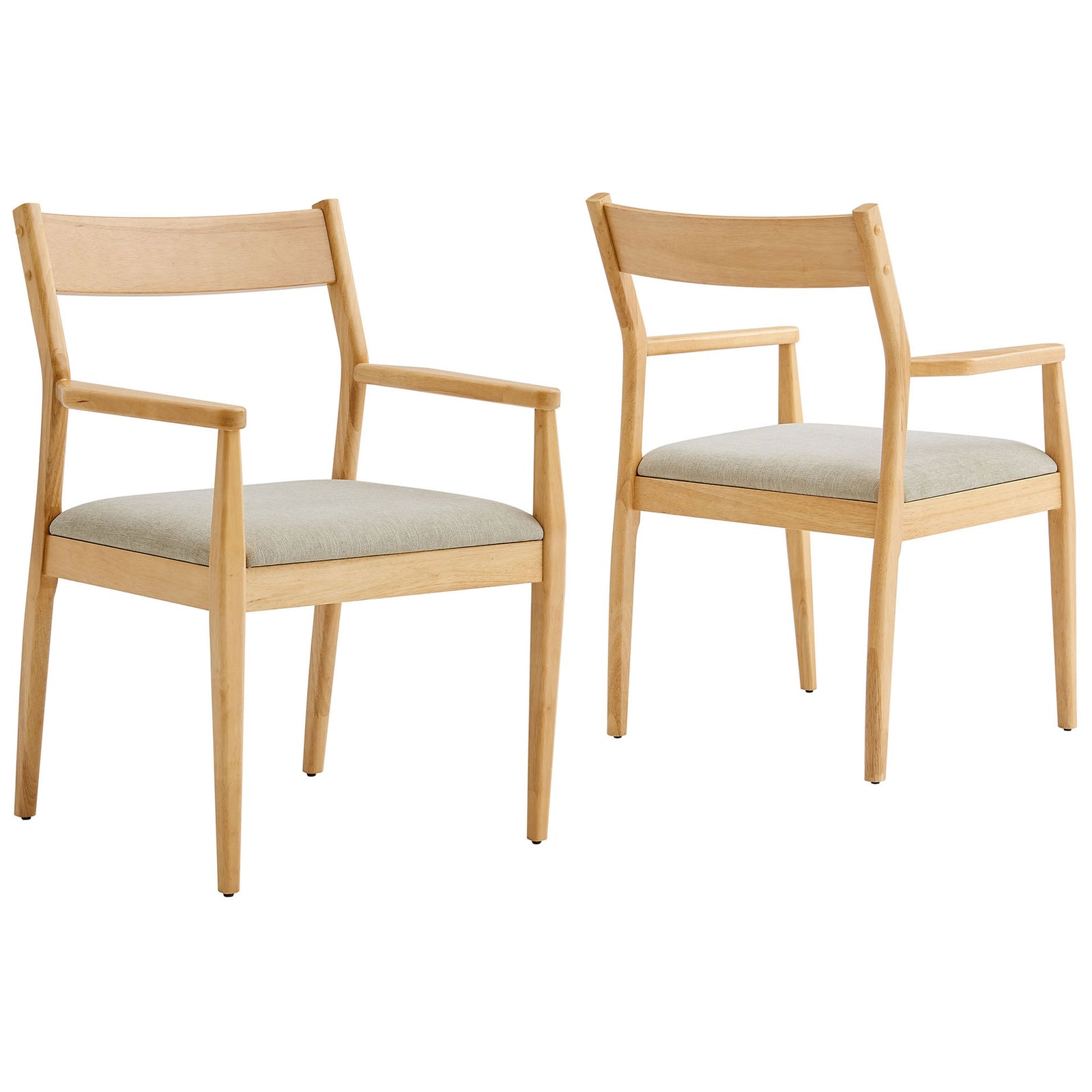Pair of Solara natural wood dining armchairs with heathered beige cushions and slender tapered legs. || EEI-6916-NAT-HEB || front_angle_multi_studio