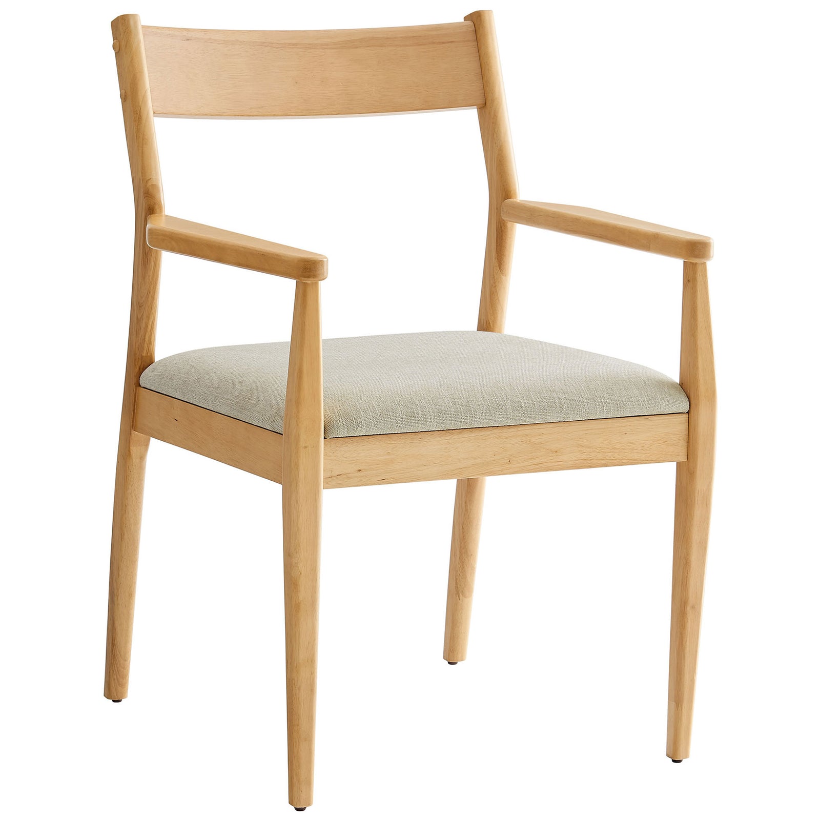 Solara dining armchair in natural rubberwood with heathered beige upholstered seat and slim arms. || EEI-6916-NAT-HEB || front_angle_studio
