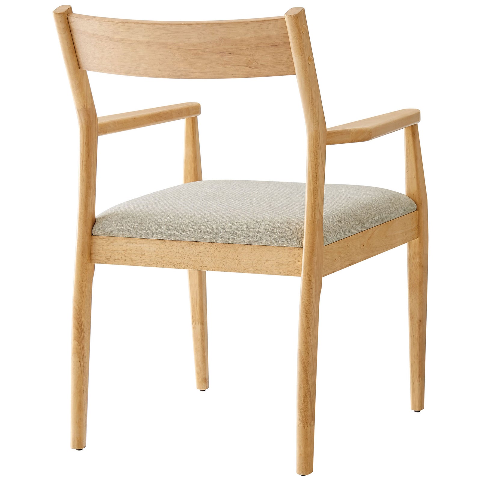 Solara dining armchair highlighting the smooth natural wood backrest and subtly splayed back legs. || EEI-6916-NAT-HEB || back_angle_studio