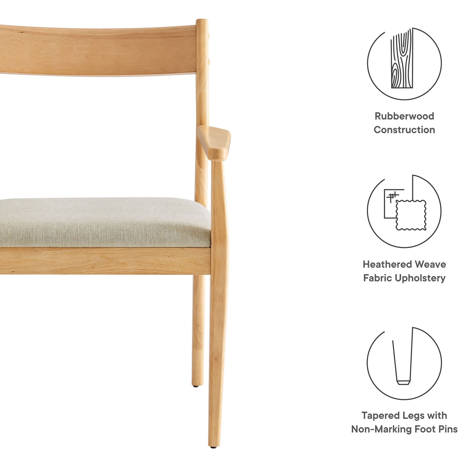 Solara dining armchair with icons highlighting rubberwood frame, heathered weave upholstery, and tapered legs. || EEI-6916-NAT-HEB || callout_studio