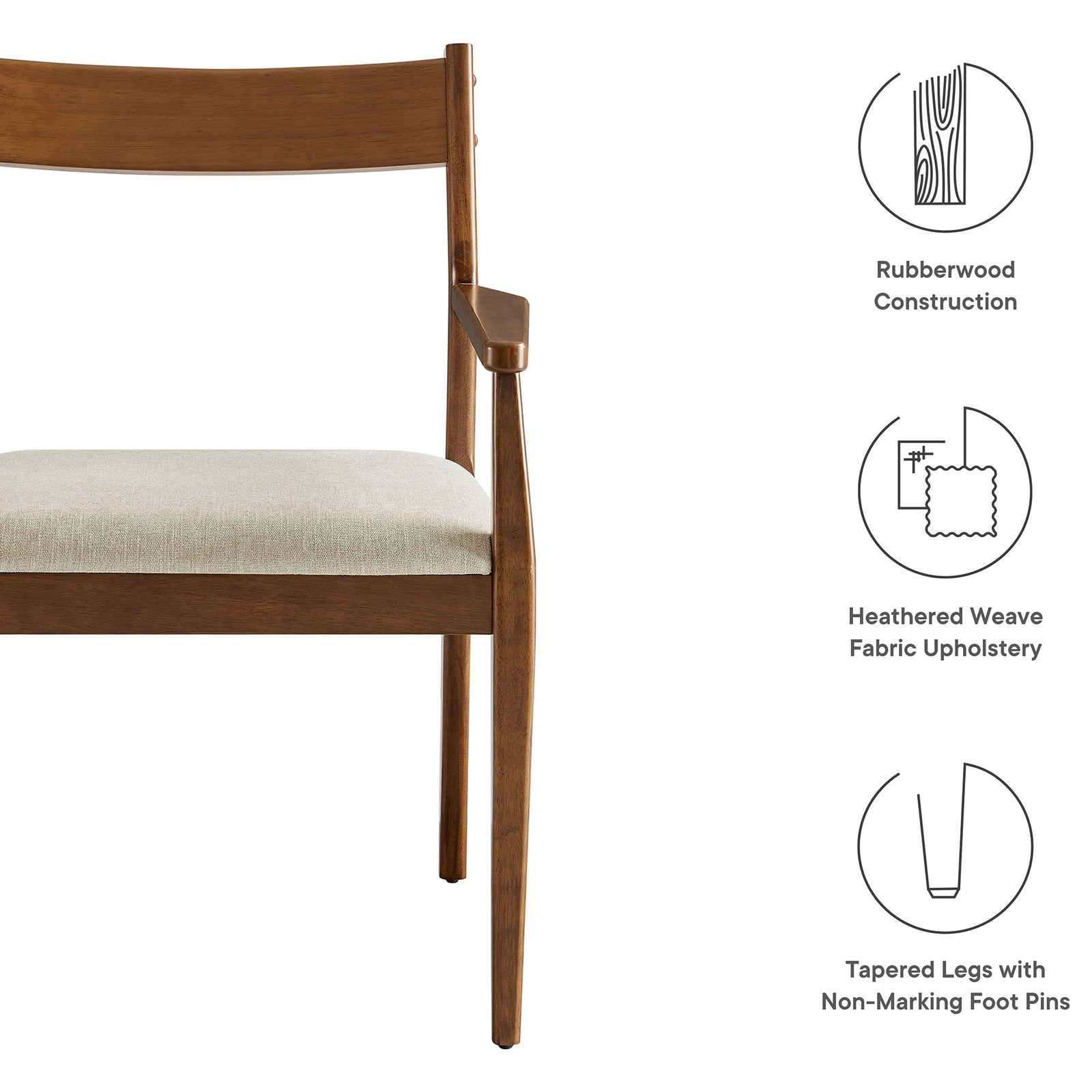Feature graphic of the Solara dining armchair highlighting rubberwood construction, fabric seat, and tapered legs || EEI-6916-WAL-HEB || callout_studio