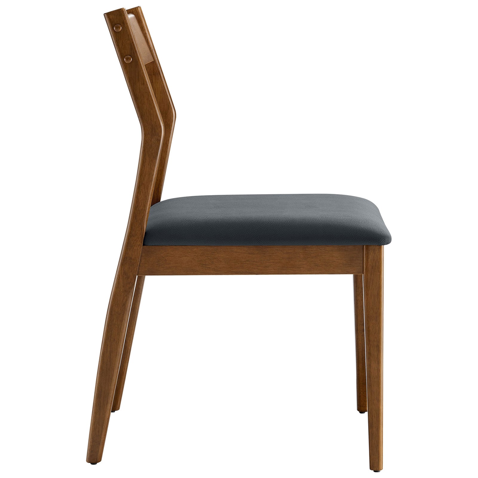 Walnut dining chair with slim side profile, tapered legs, and black vegan leather seat. || EEI-6917-WAL-BLK || side_studio