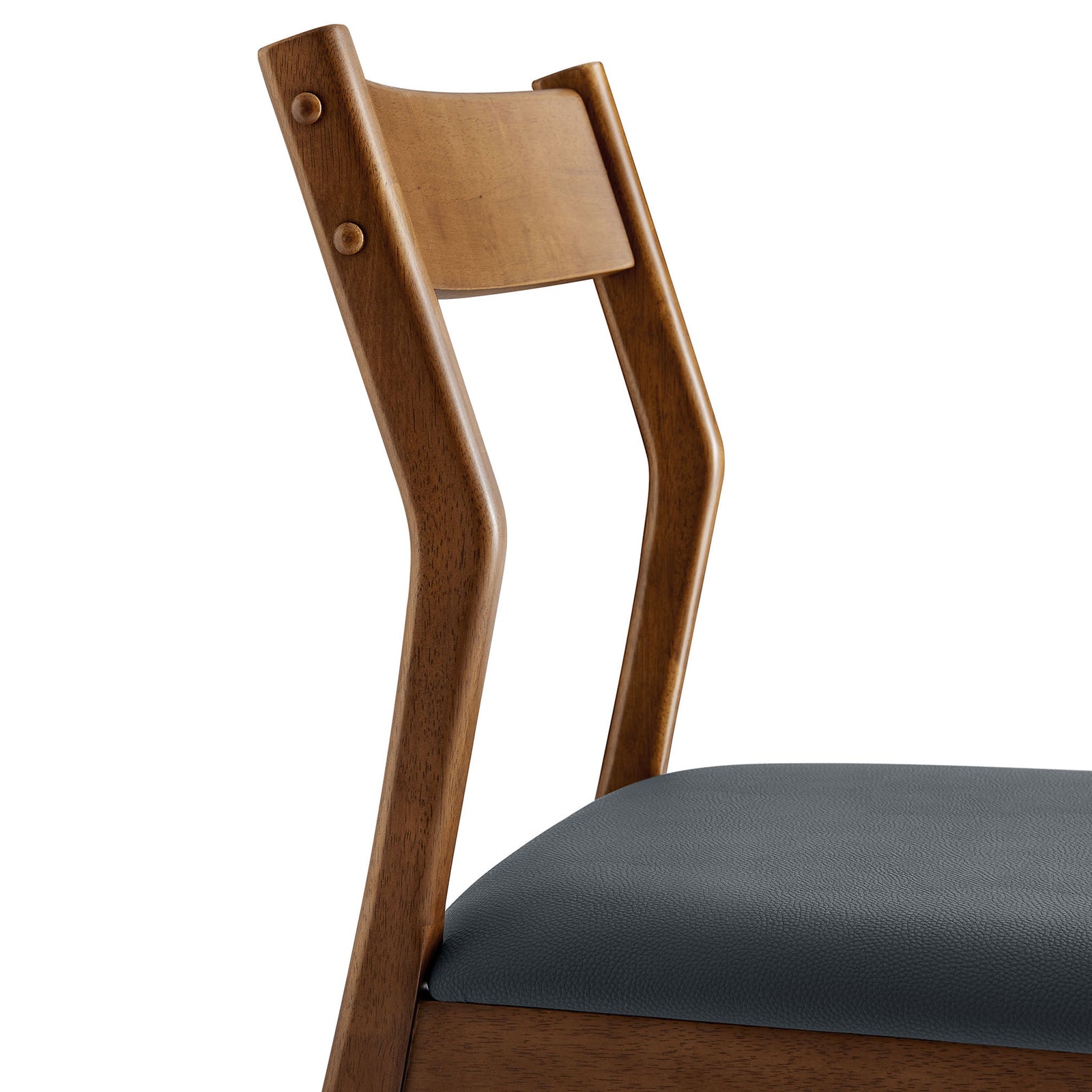 Walnut backrest and textured vegan leather seat for a refined dining look. || EEI-6917-WAL-BLK || detail_studio