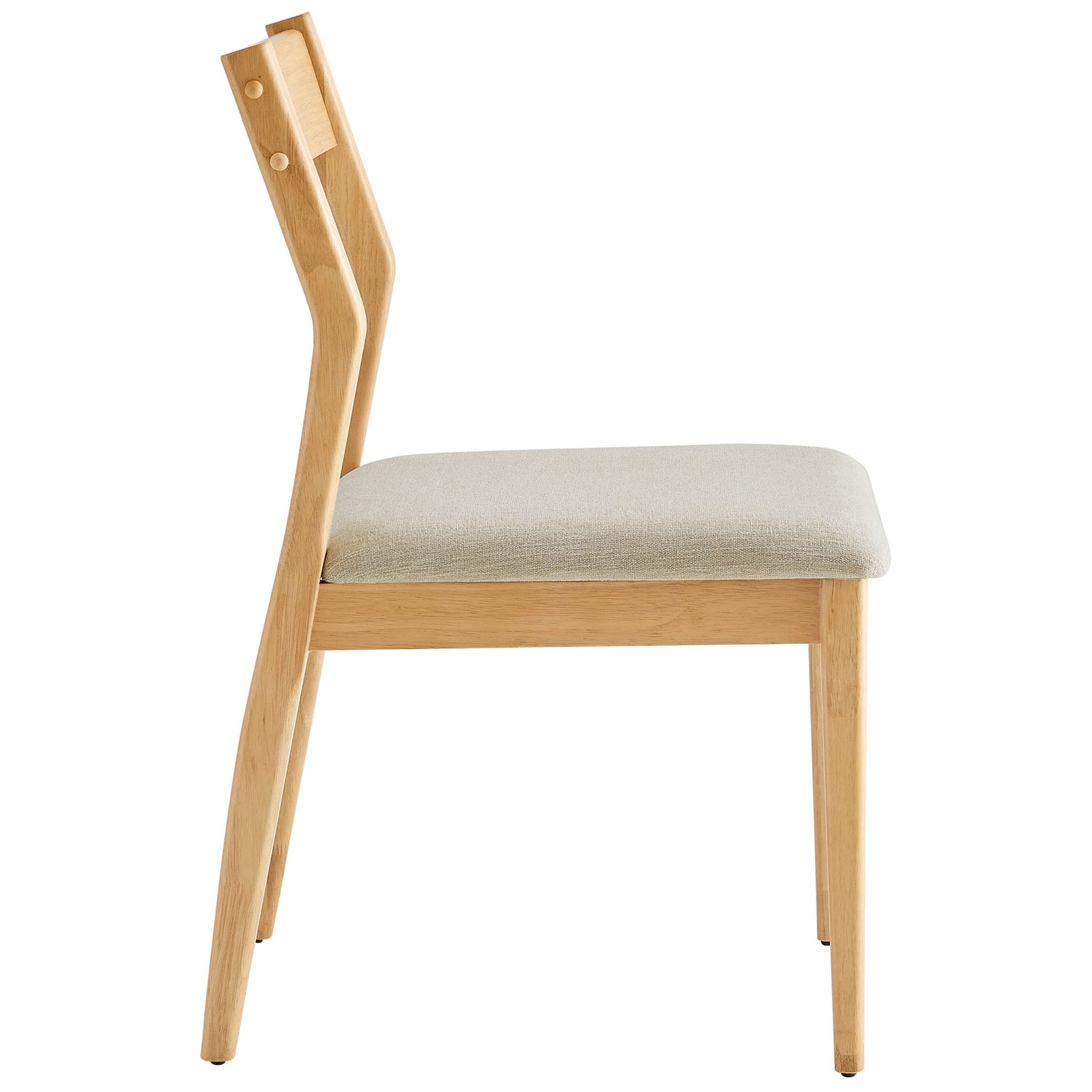 Slim natural wood dining chair highlighting the curved backrest and supportive cushioned seat || EEI-6918-NAT-HEB || side_studio