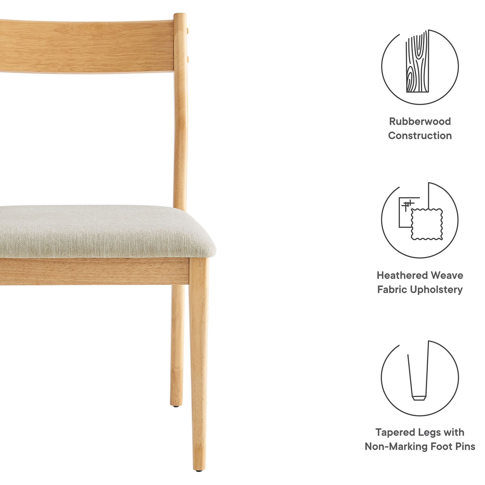 Natural wood dining chair with beige heathered upholstery and tapered legs with non marking foot pins || EEI-6918-NAT-HEB || callout_studio