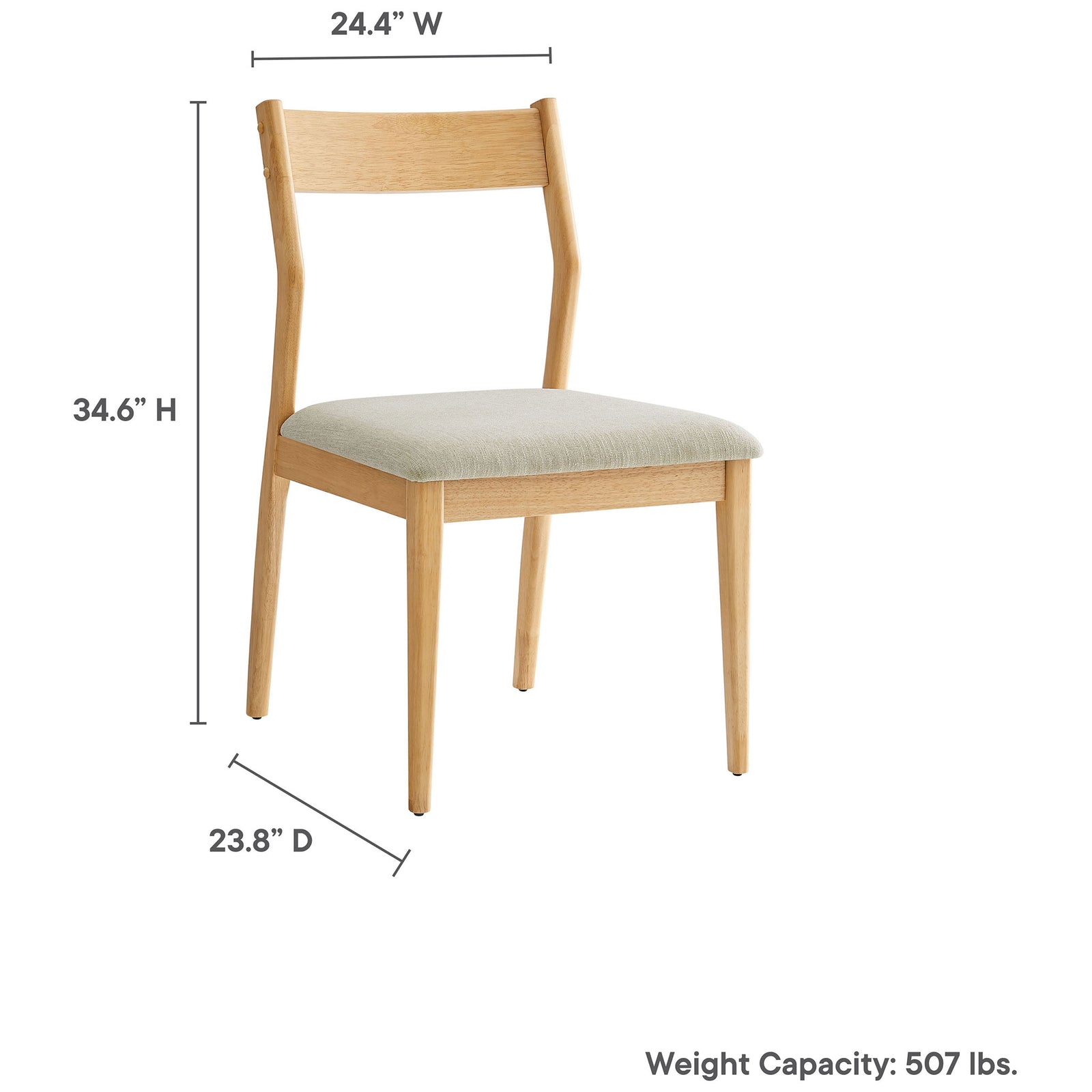 Natural wood dining chair with beige cushion shown with printed dimensions and weight capacity details || EEI-6918-NAT-HEB || dimension_studio