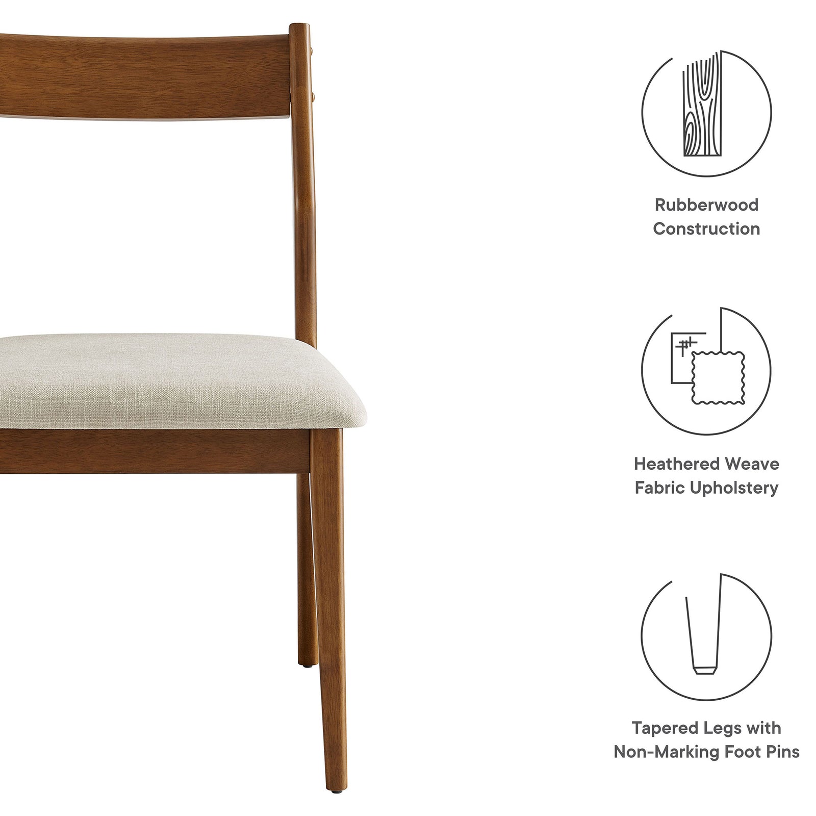 Walnut dining chair features rubberwood construction, heathered fabric upholstery, and tapered legs || EEI-6918-WAL-HEB || callout_studio